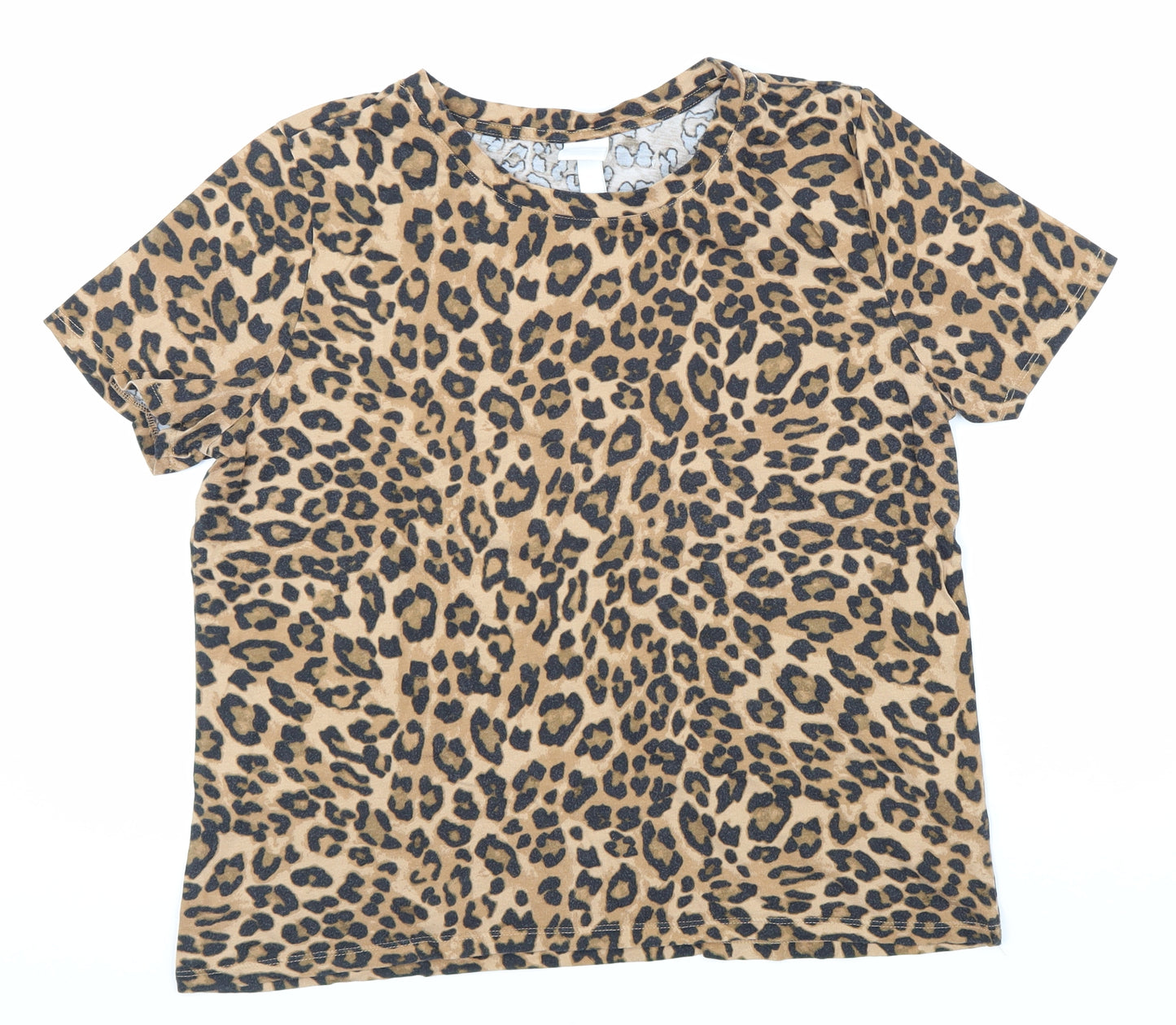 H&M Womens Brown Animal Print 100% Cotton Basic T-Shirt Size M Crew Neck - Leopard Print