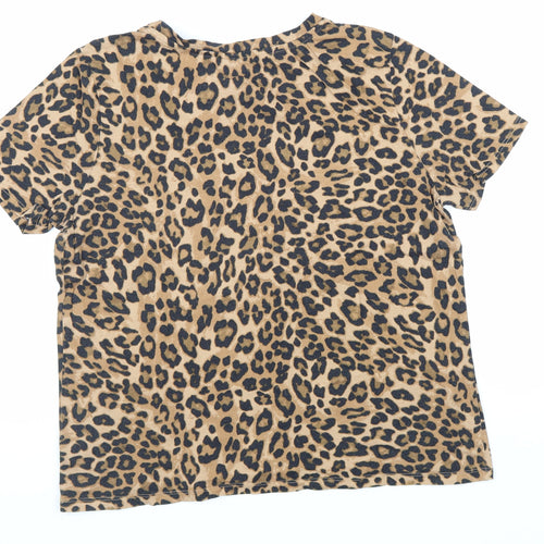 H&M Womens Brown Animal Print 100% Cotton Basic T-Shirt Size M Crew Neck - Leopard Print