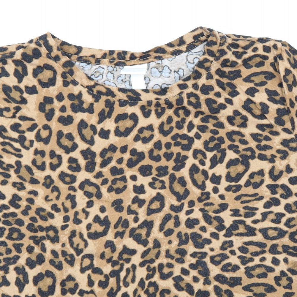 H&M Womens Brown Animal Print 100% Cotton Basic T-Shirt Size M Crew Neck - Leopard Print