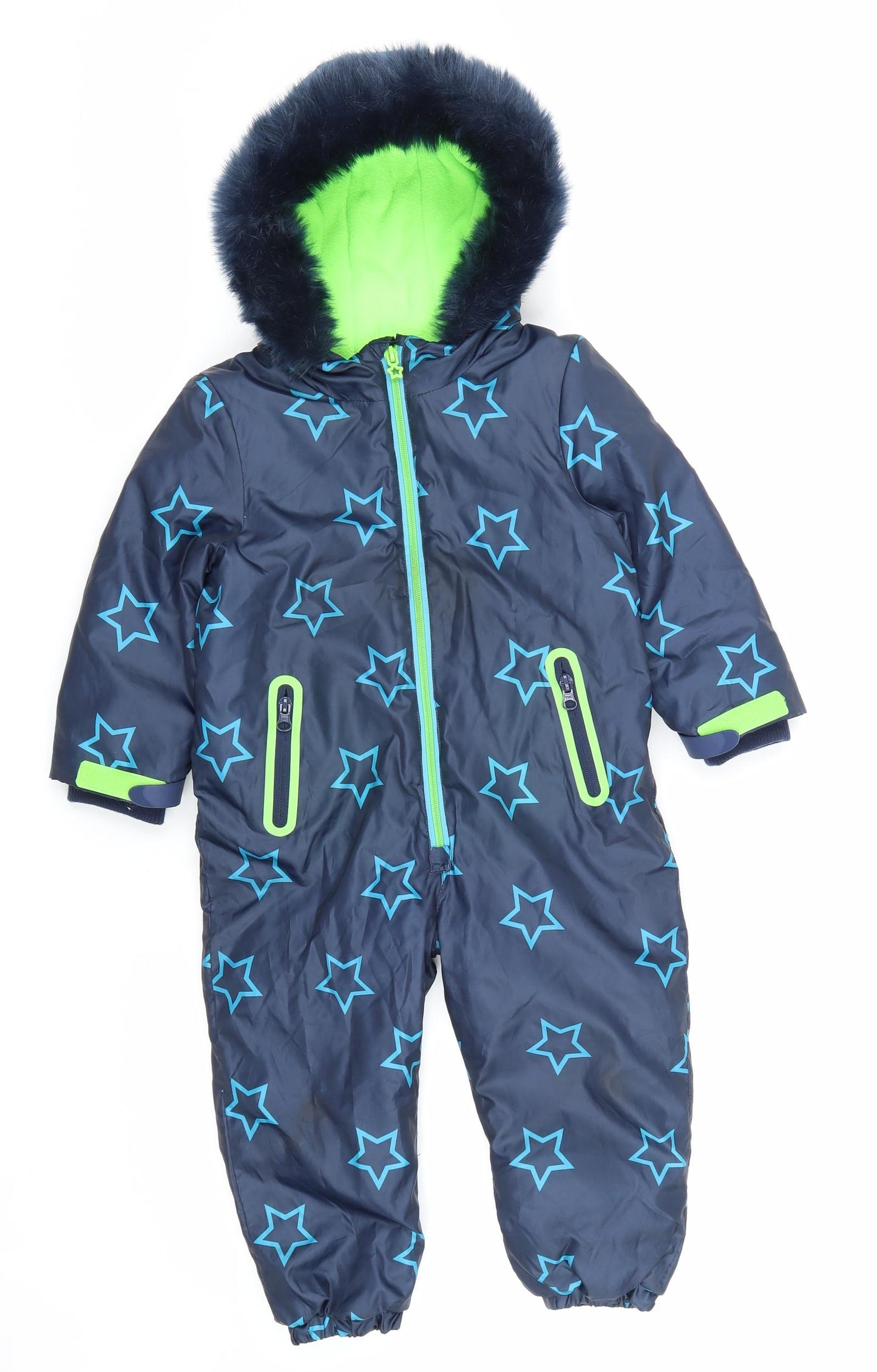 F&F Boys Blue Geometric Parka Snowsuit Size 2-3 Years Zip - Star Pattern