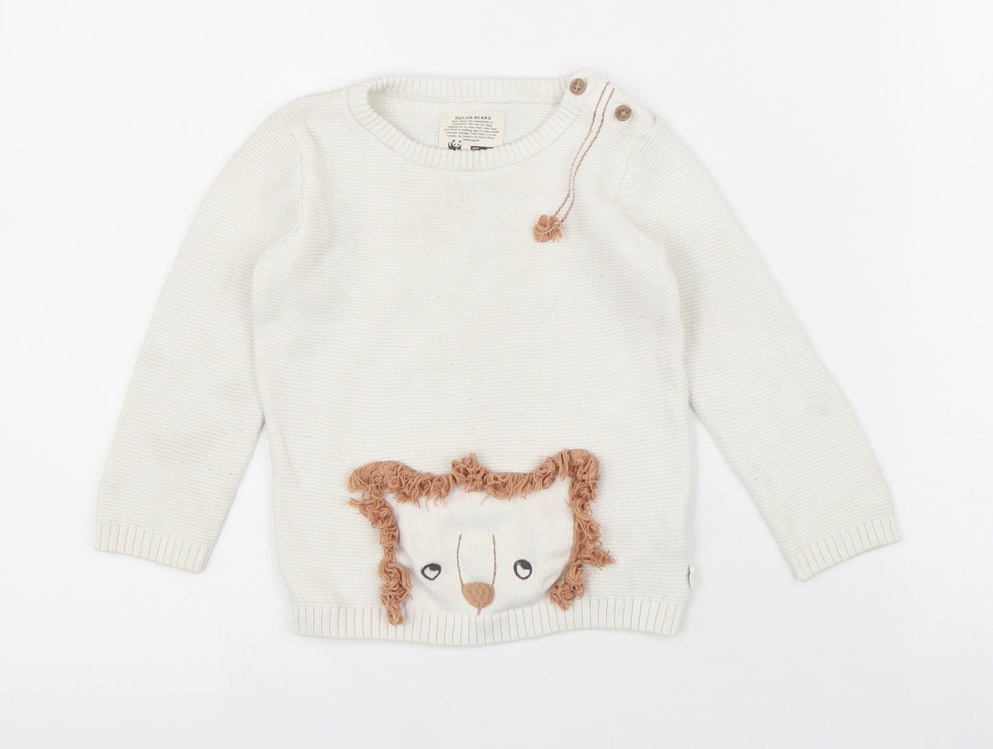 F&F Baby White 100% Cotton Pullover Jumper Size 12-18 Months Button - Lion