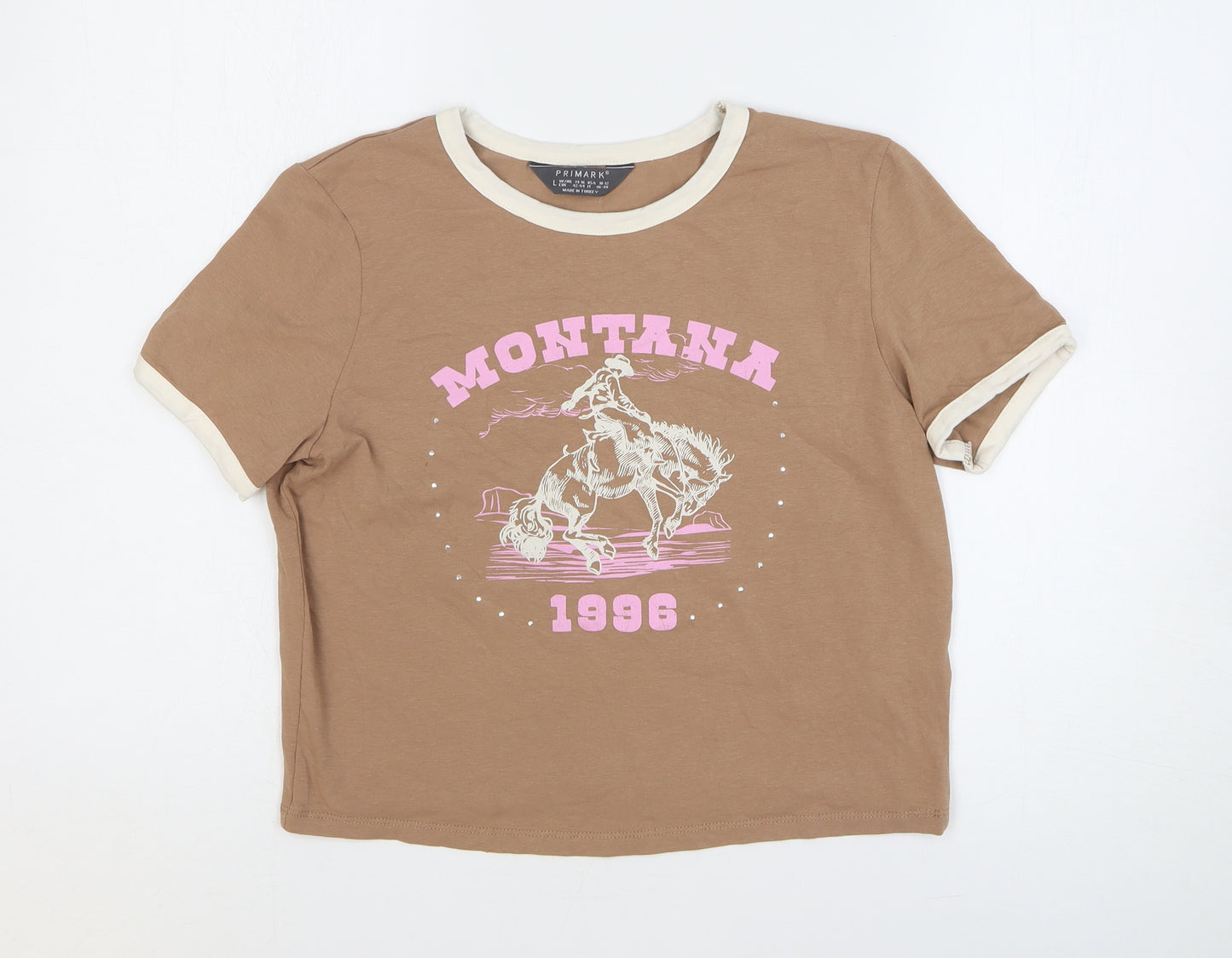 Primark Womens Brown Cotton Cropped T-Shirt Size 14 Round Neck - Montana Cowboy
