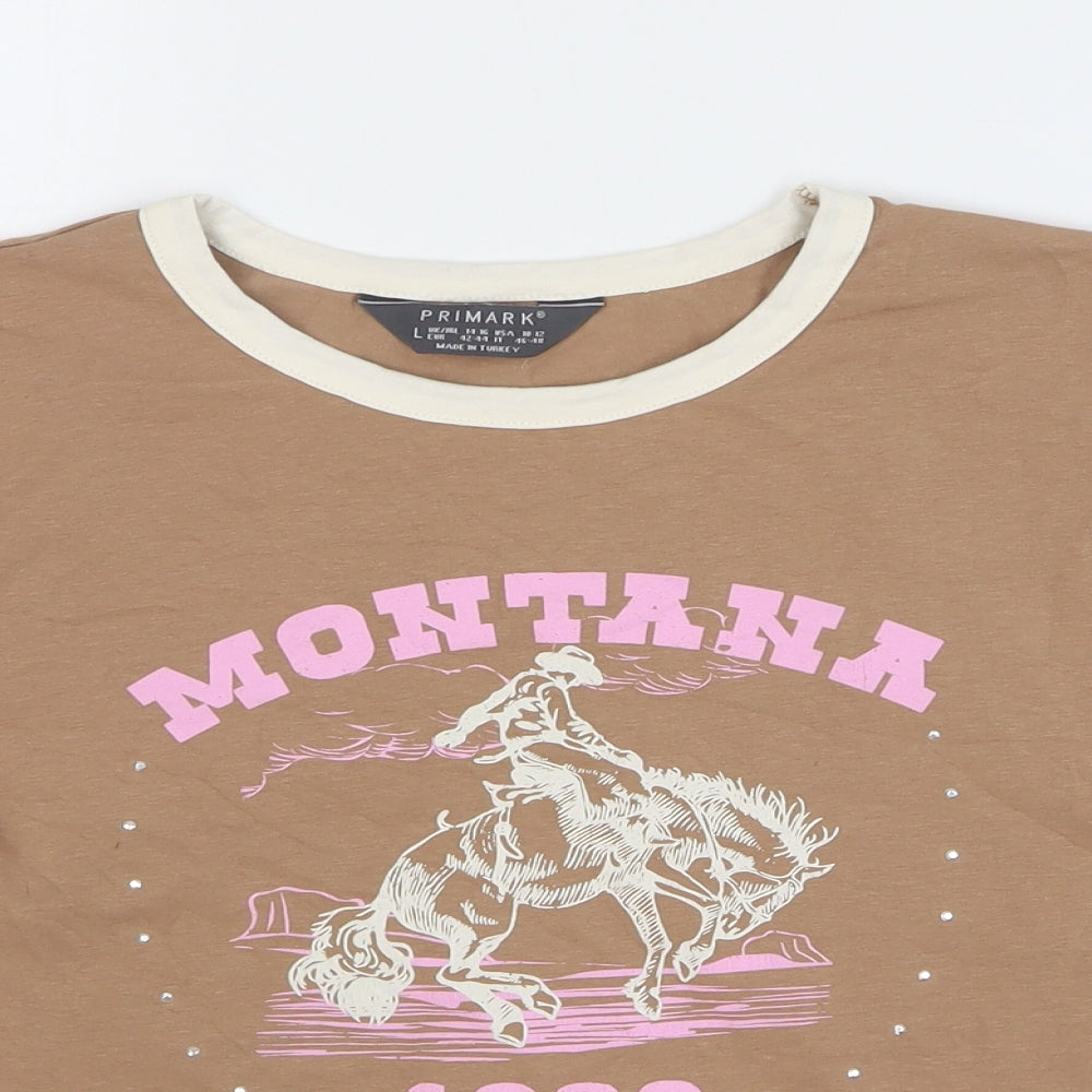 Primark Womens Brown Cotton Cropped T-Shirt Size 14 Round Neck - Montana Cowboy