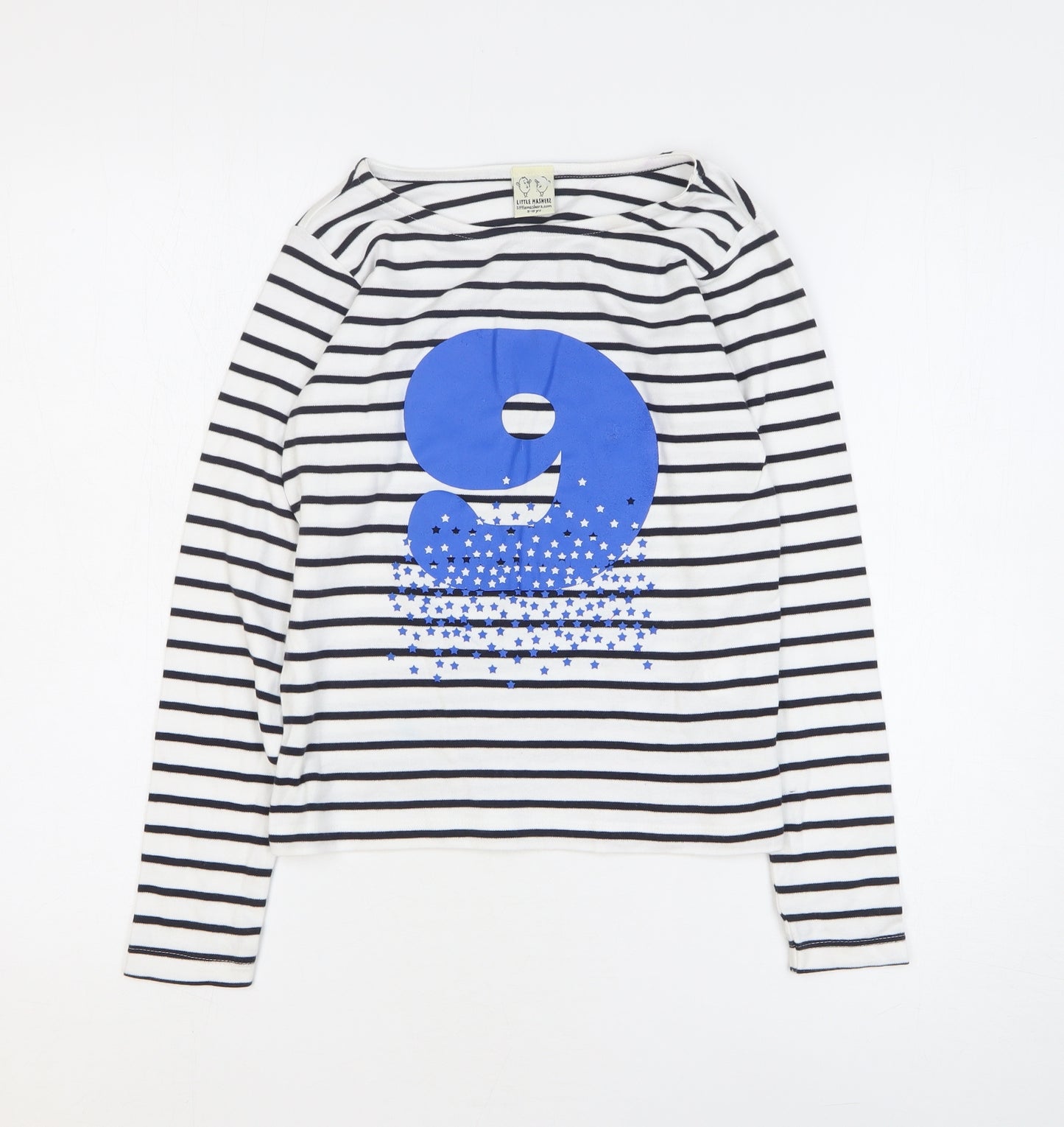 Little Mashers Girls White Striped 100% Cotton Basic T-Shirt Size 9 Years Round Neck Pullover