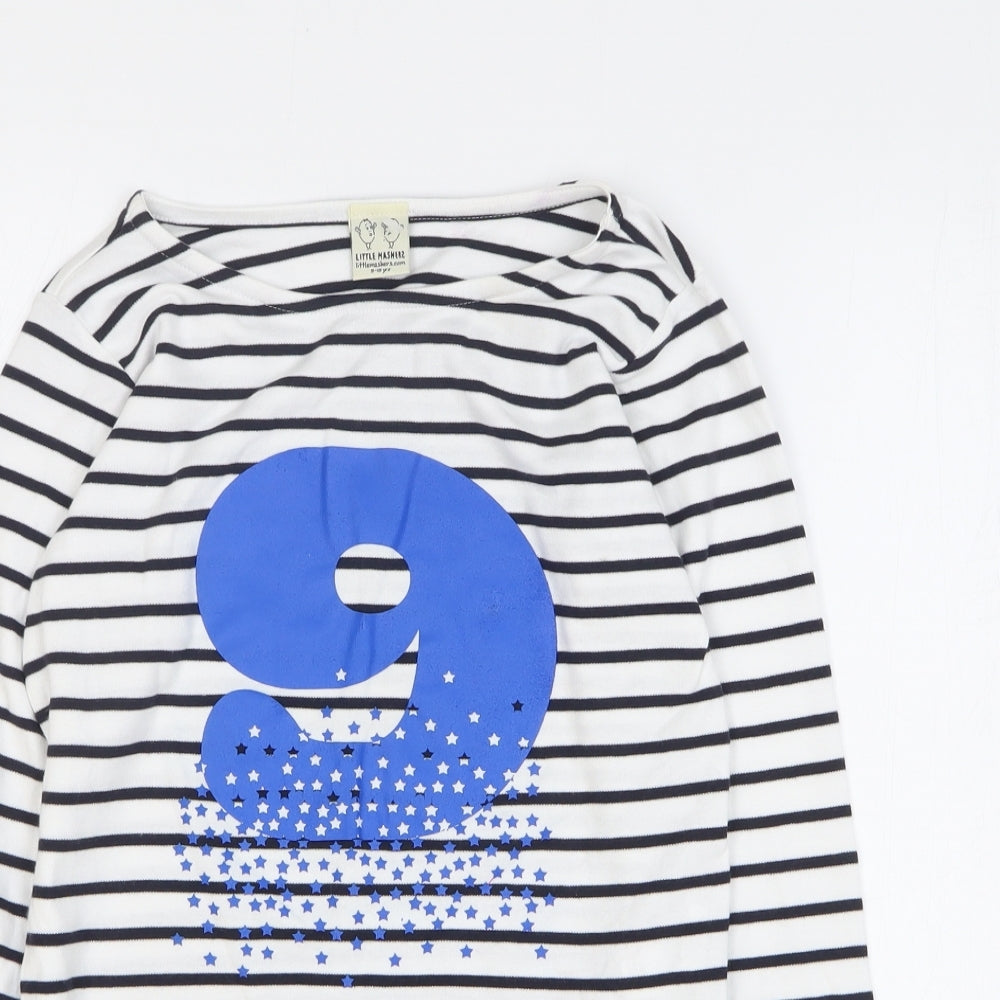 Little Mashers Girls White Striped 100% Cotton Basic T-Shirt Size 9 Years Round Neck Pullover