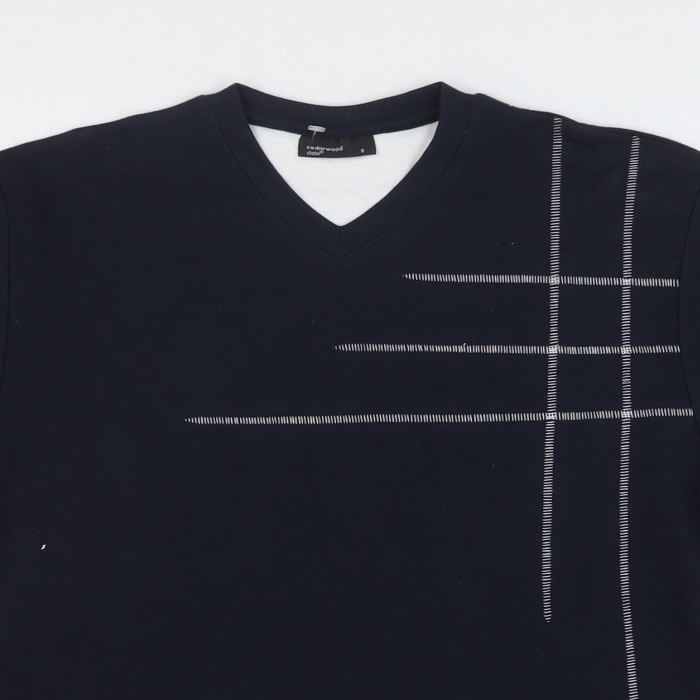 Cedar Wood State Mens Blue Cotton T-Shirt Size S V-Neck