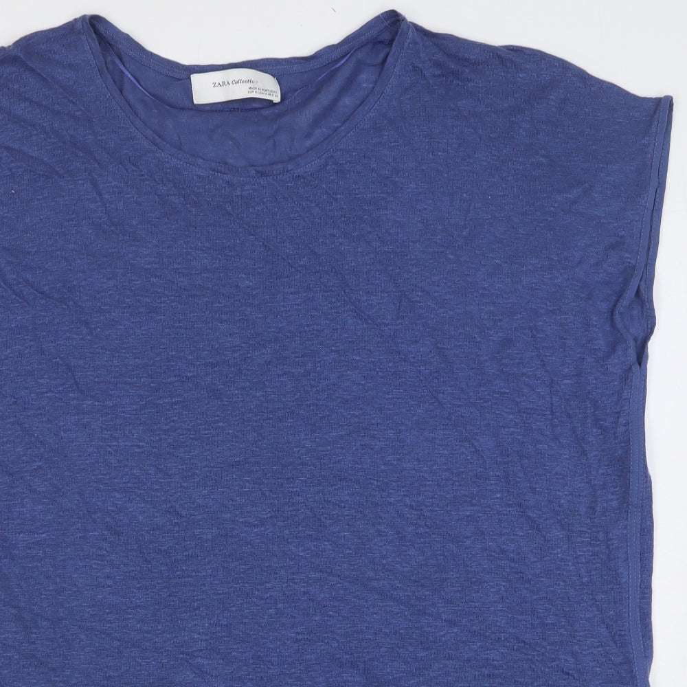 Zara Womens Blue Linen Basic T-Shirt Size M Round Neck