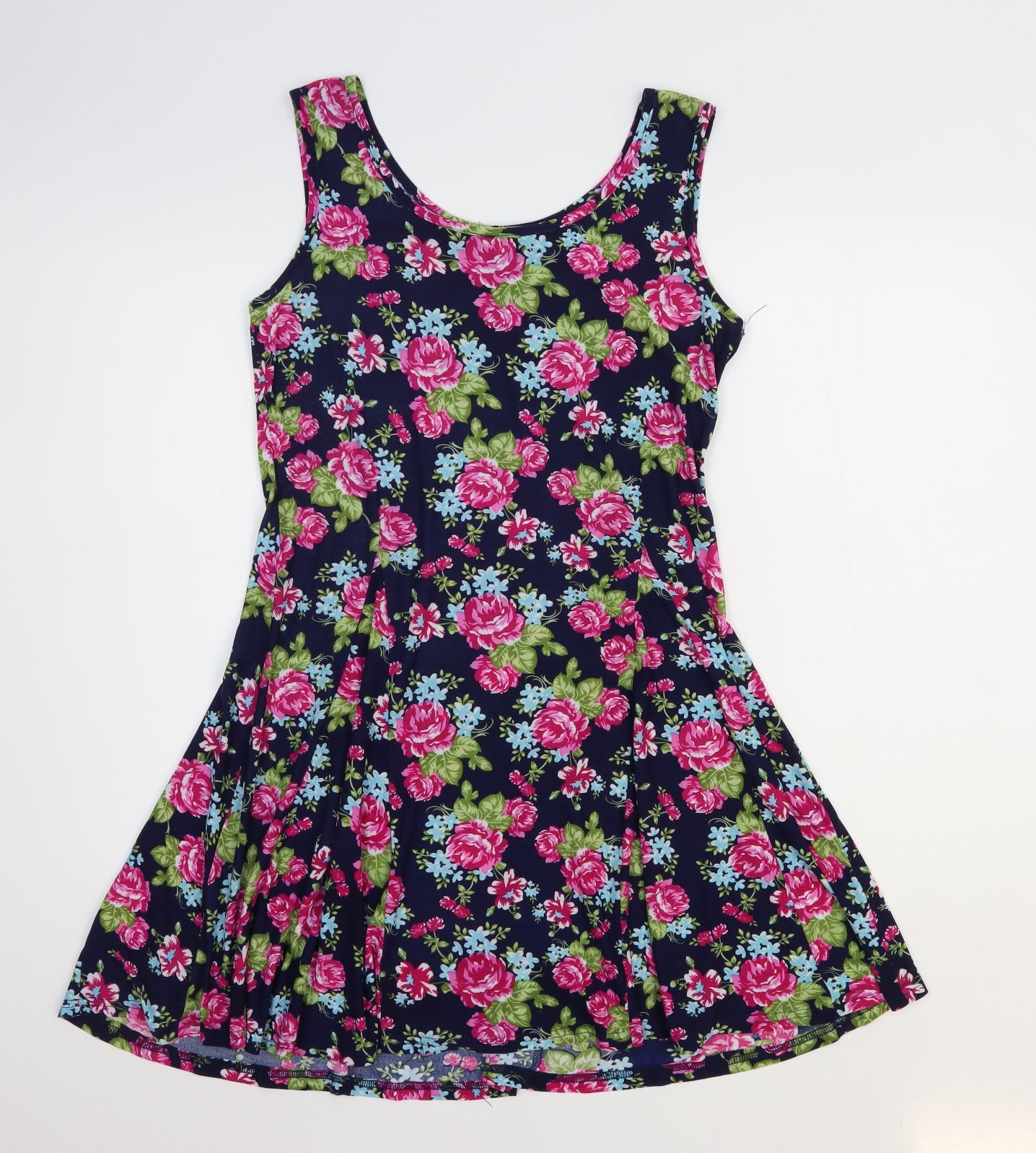 Cameo Rose Womens Blue Floral Polyester Skater Dress Size L Scoop Neck Pullover