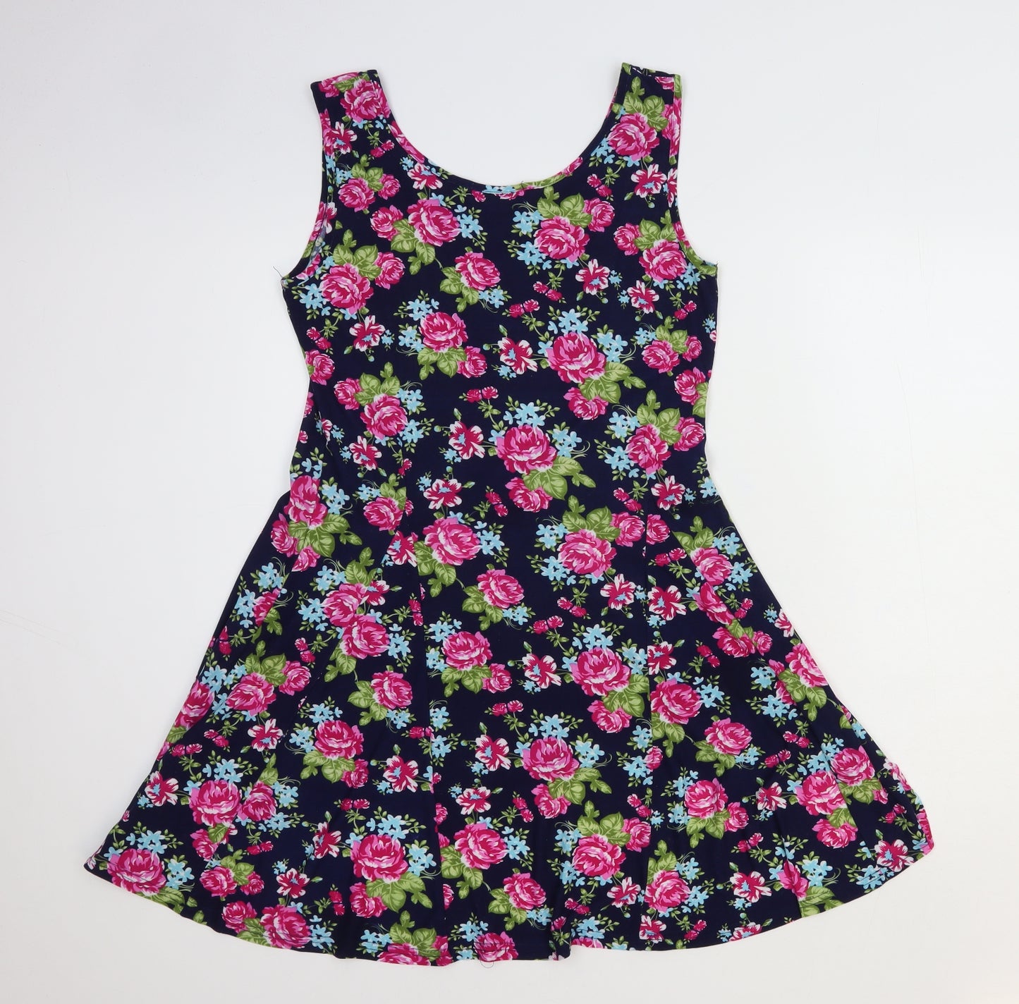 Cameo Rose Womens Blue Floral Polyester Skater Dress Size L Scoop Neck Pullover