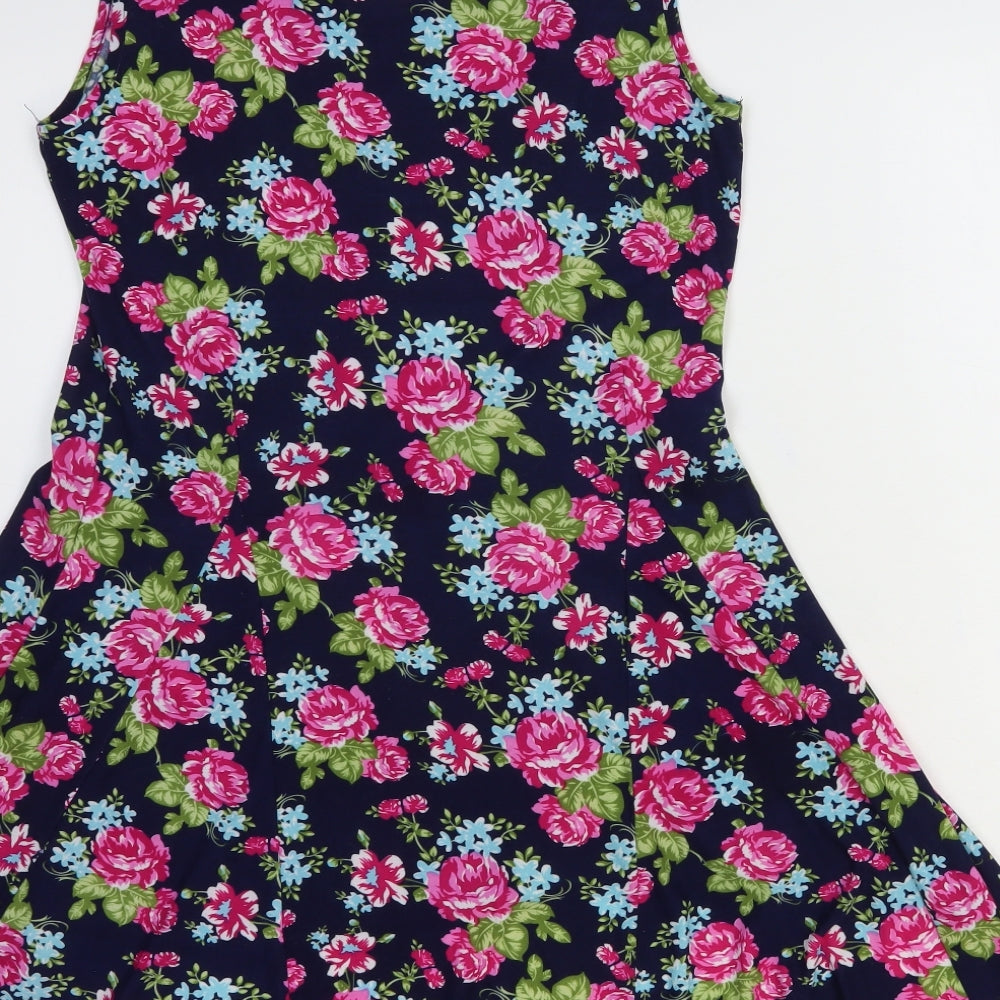 Cameo Rose Womens Blue Floral Polyester Skater Dress Size L Scoop Neck Pullover