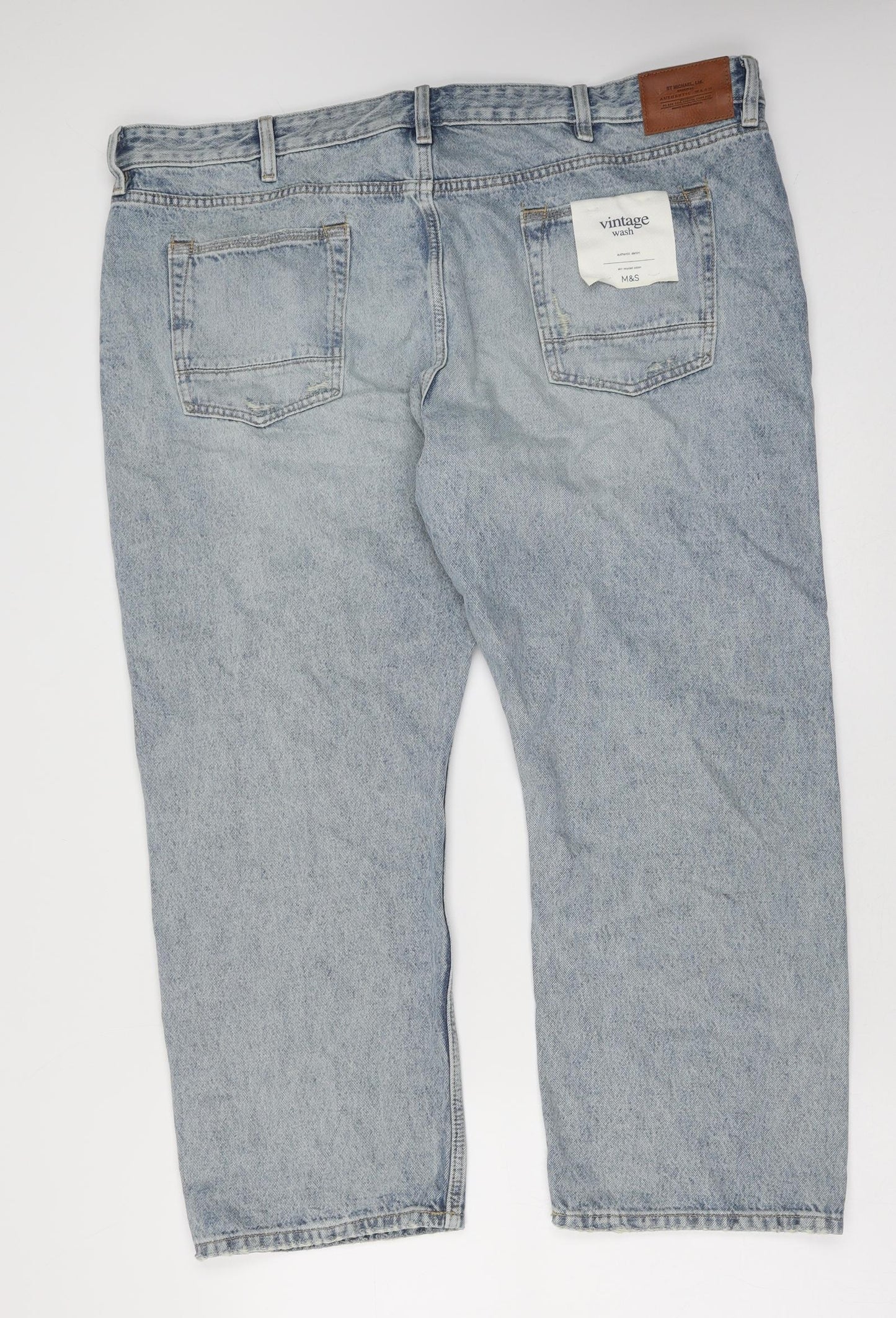 Marks and Spencer Mens Blue Cotton Straight Jeans Size 44 in L29 in Regular Button - Vintage Wash