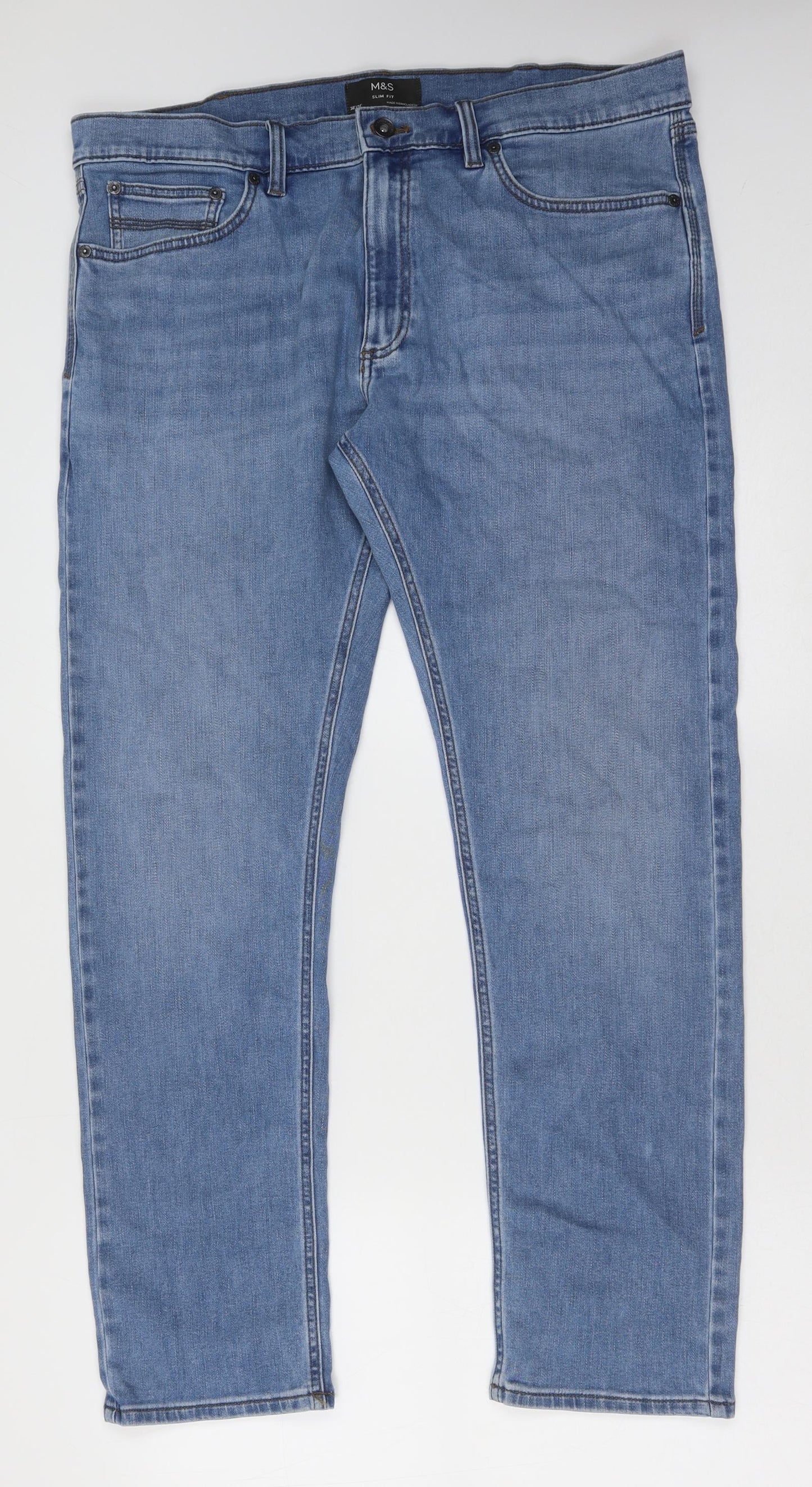 Marks and Spencer Mens Blue Cotton Straight Jeans Size 38 in L31 in Slim Button