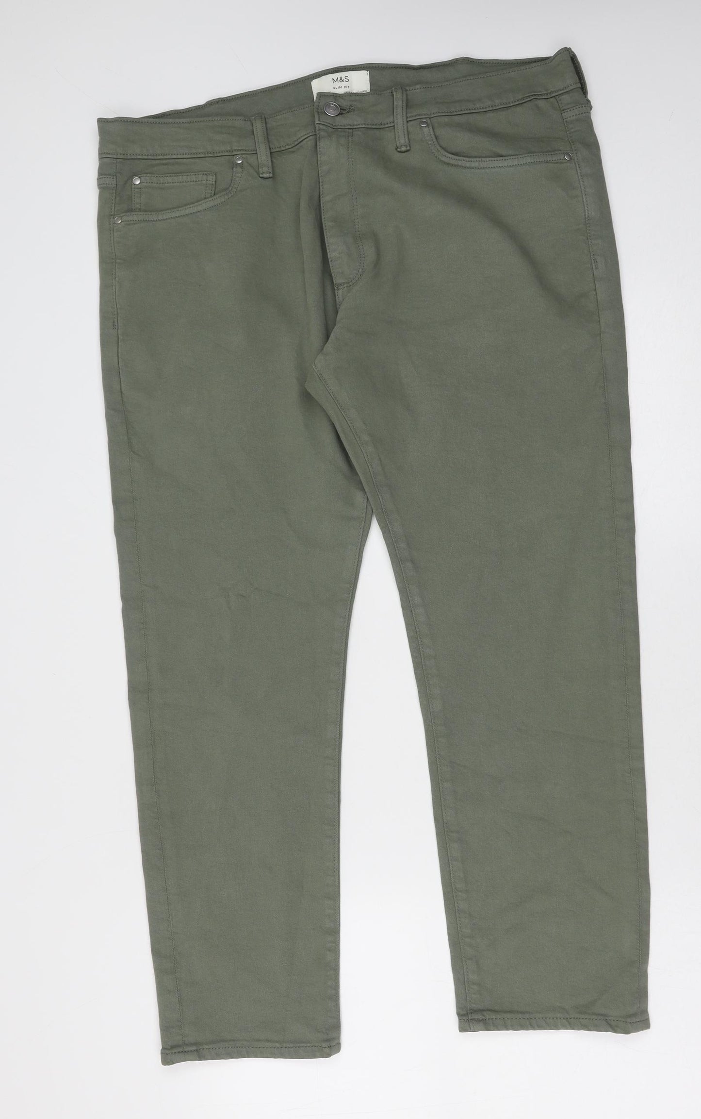 Marks and Spencer Mens Green Cotton Straight Jeans Size 40 in L29 in Slim Button