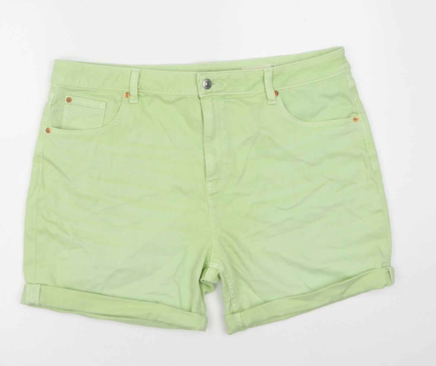 Marks and Spencer Womens Green Cotton Boyfriend Shorts Size 18 Regular Button