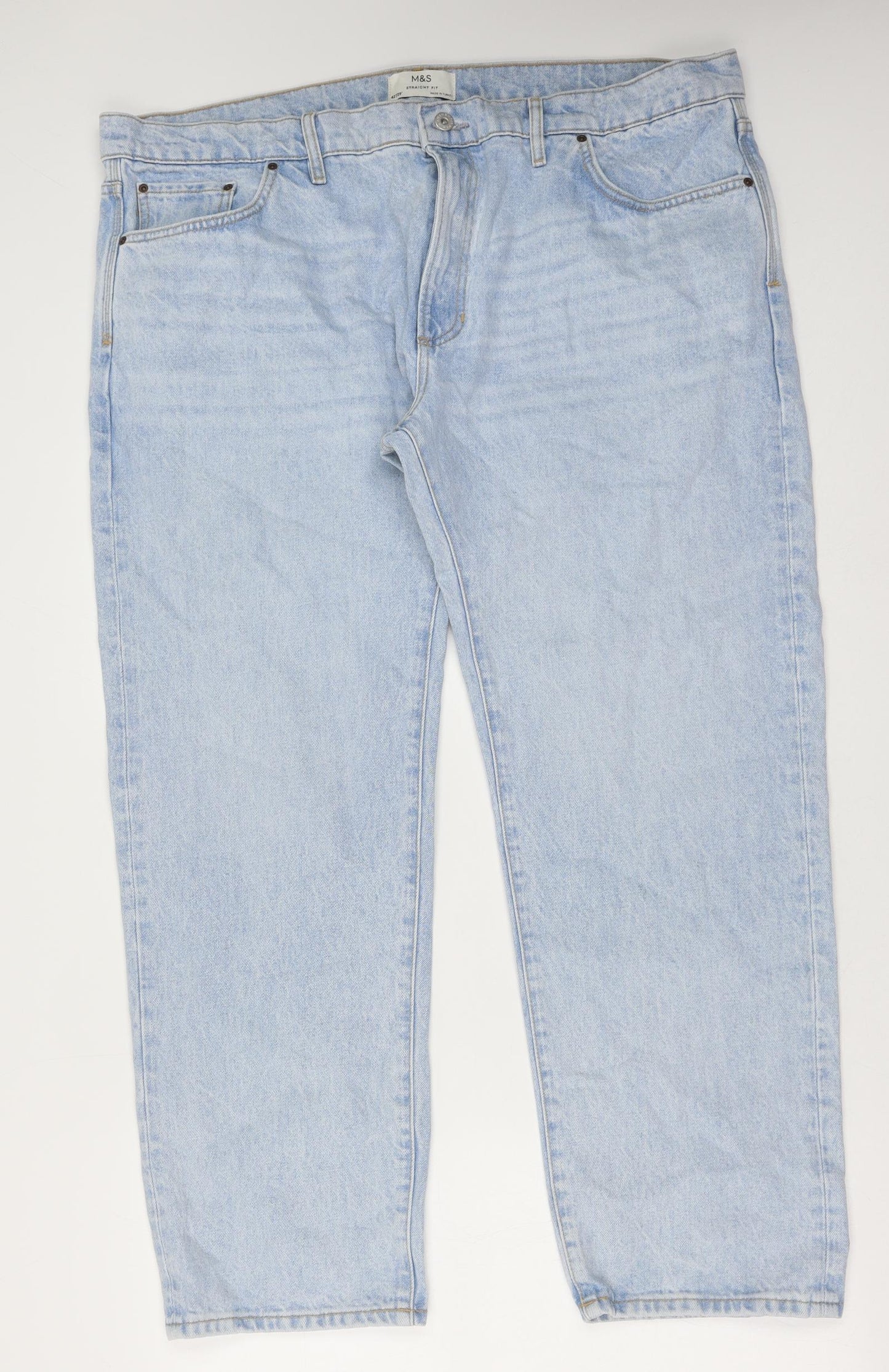 Marks and Spencer Mens Blue Cotton Straight Jeans Size 42 in L29 in Regular Button - Vintage Wash