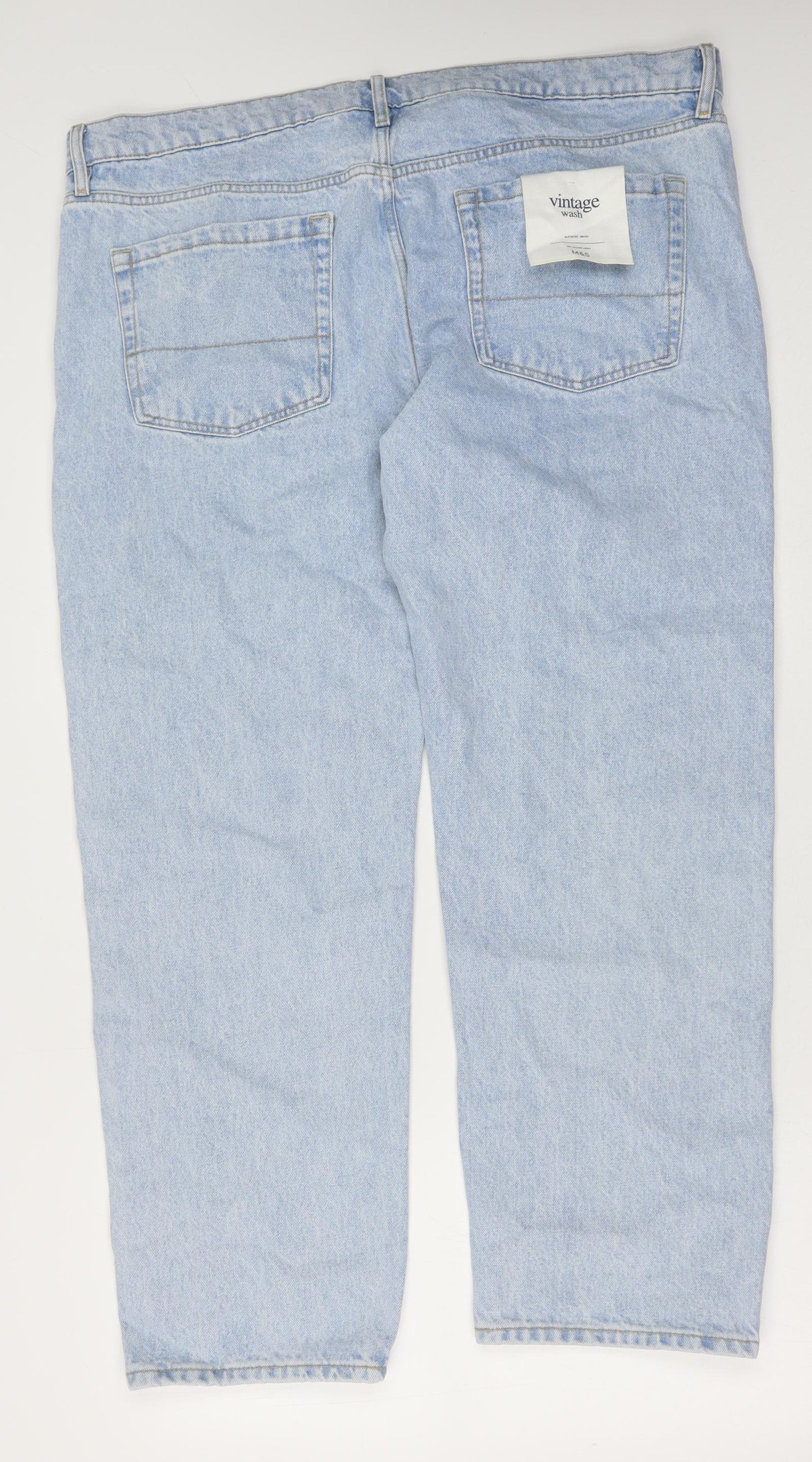 Marks and Spencer Mens Blue Cotton Straight Jeans Size 42 in L29 in Regular Button - Vintage Wash