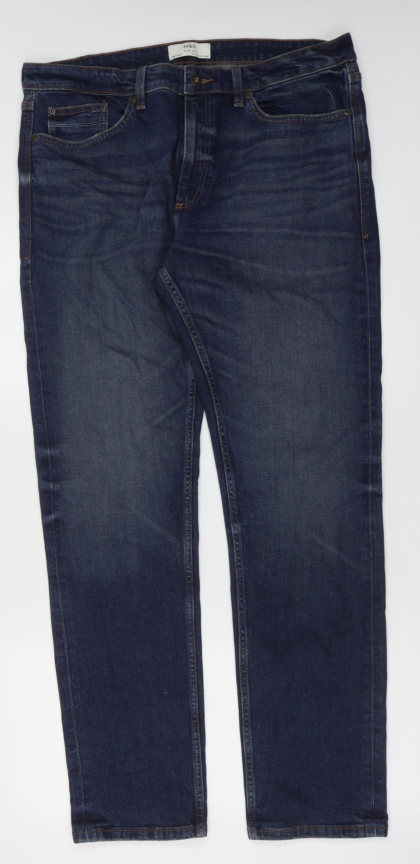 Marks and Spencer Mens Blue Cotton Straight Jeans Size 36 in L33 in Slim Button
