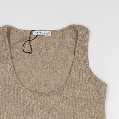Stradivarius Womens Beige Viscose Basic Tank Size S Scoop Neck