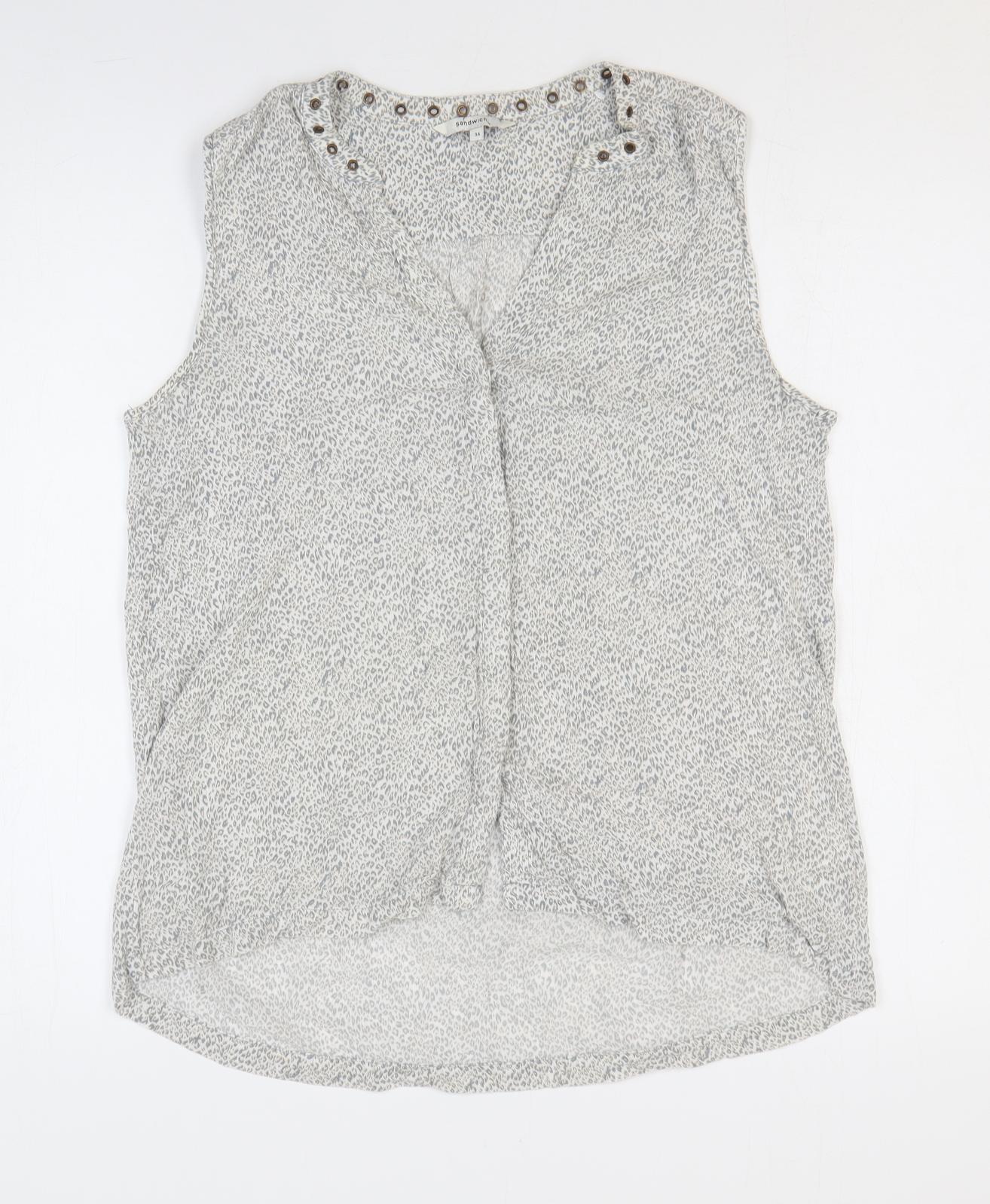 Sandwich Womens Grey Animal Print Viscose Basic Button-Up Size 8 V-Neck