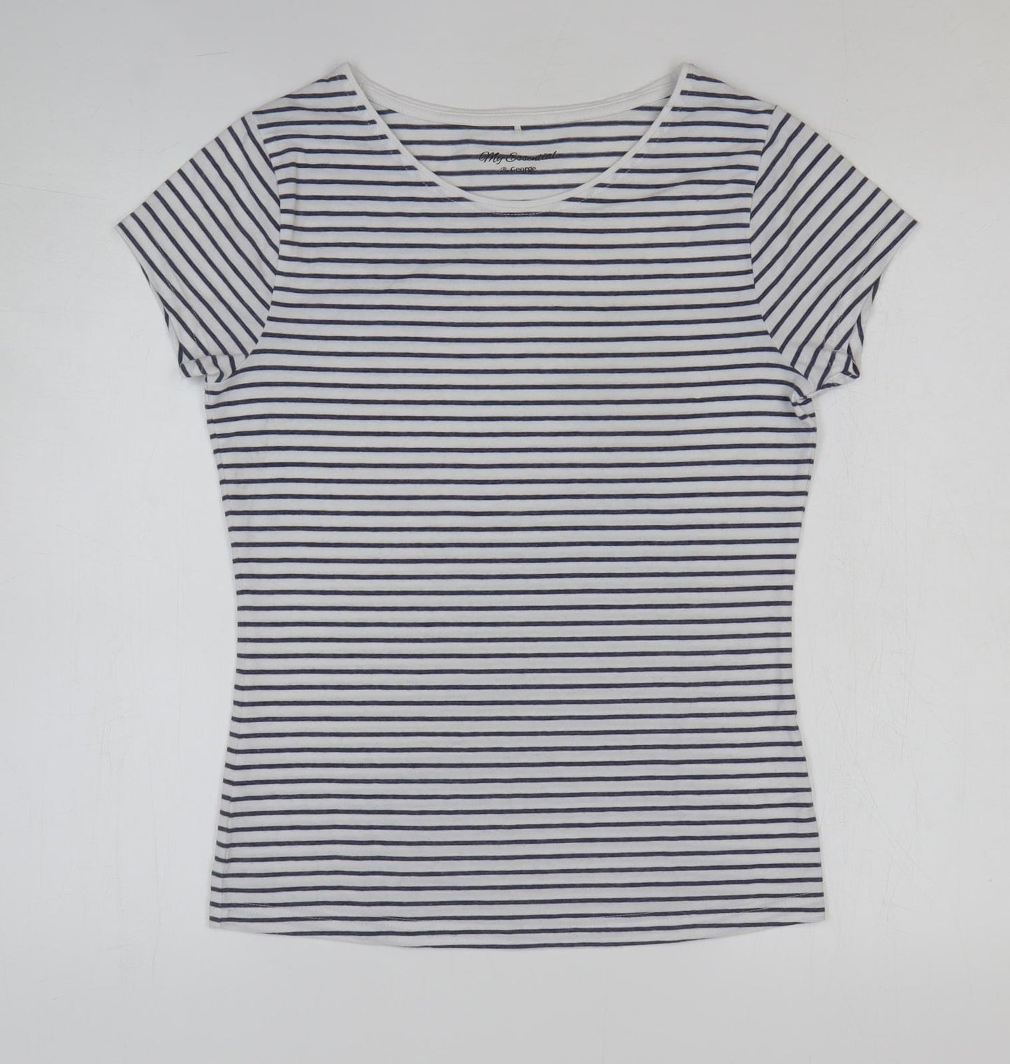 George Womens White Striped Polyester Basic T-Shirt Size 10 Round Neck
