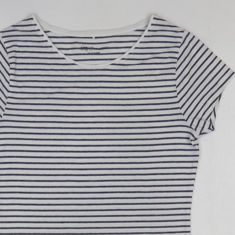 George Womens White Striped Polyester Basic T-Shirt Size 10 Round Neck