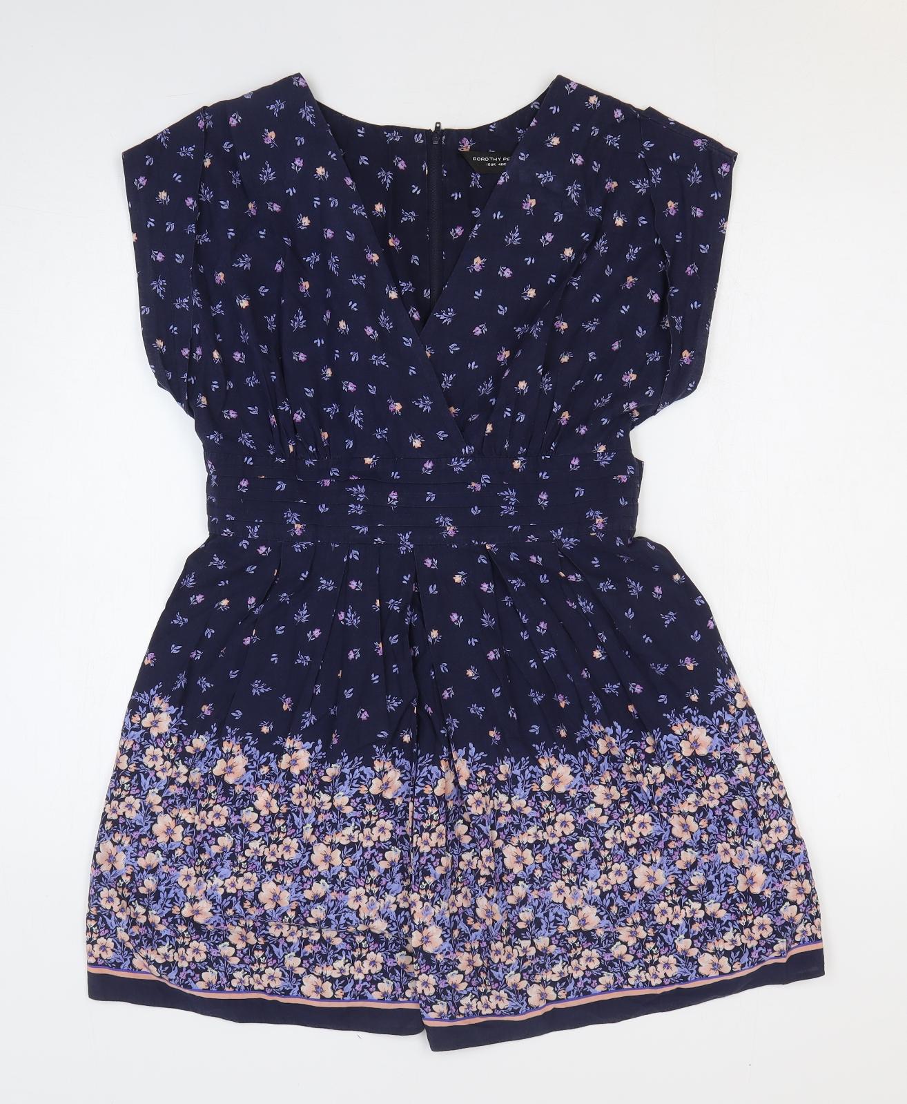 Dorothy Perkins Womens Blue Floral 100% Cotton Fit & Flare Size 12 V-Neck Tie