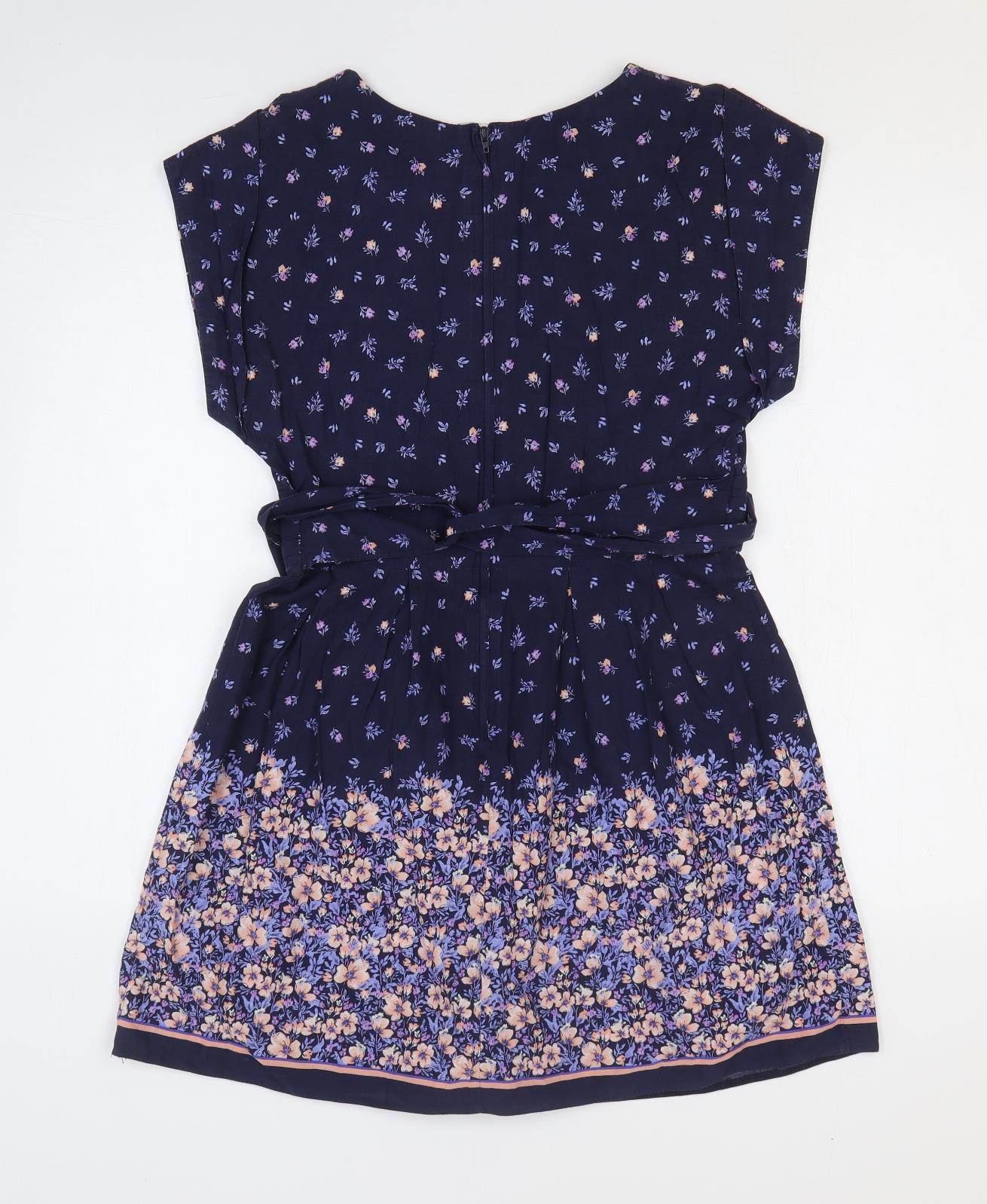 Dorothy Perkins Womens Blue Floral 100% Cotton Fit & Flare Size 12 V-Neck Tie