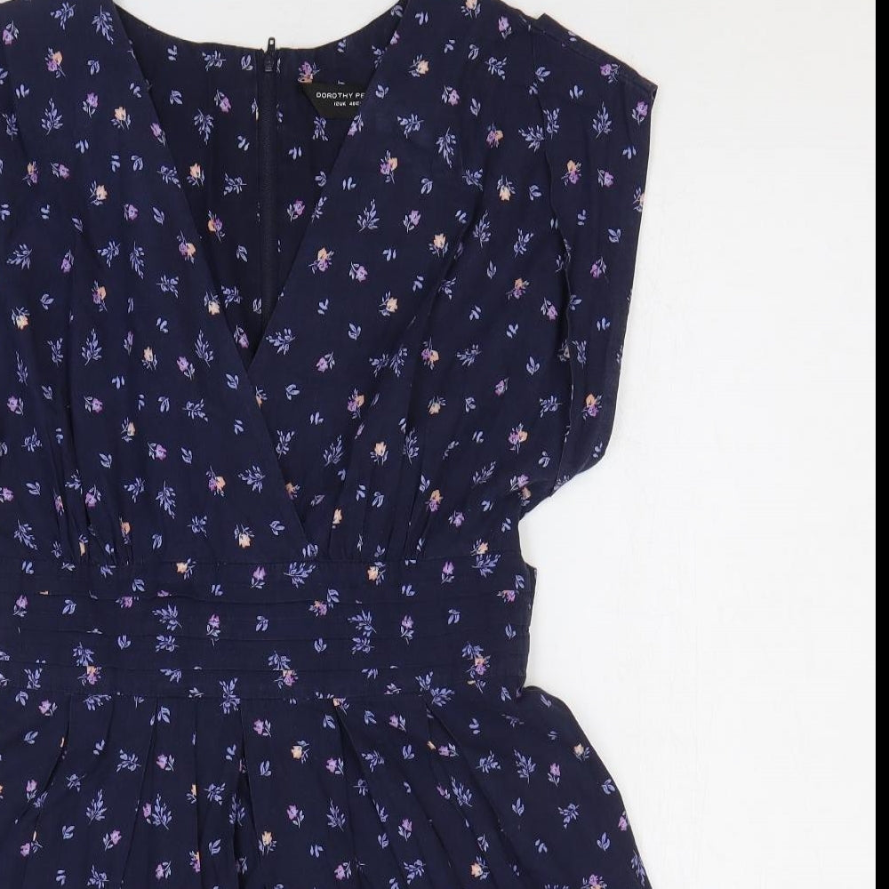 Dorothy Perkins Womens Blue Floral 100% Cotton Fit & Flare Size 12 V-Neck Tie