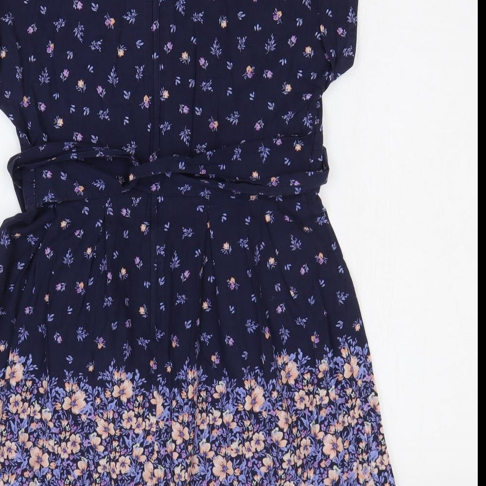 Dorothy Perkins Womens Blue Floral 100% Cotton Fit & Flare Size 12 V-Neck Tie