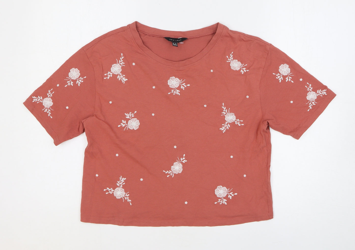New Look Womens Red Geometric Polyester Basic T-Shirt Size 12 Round Neck