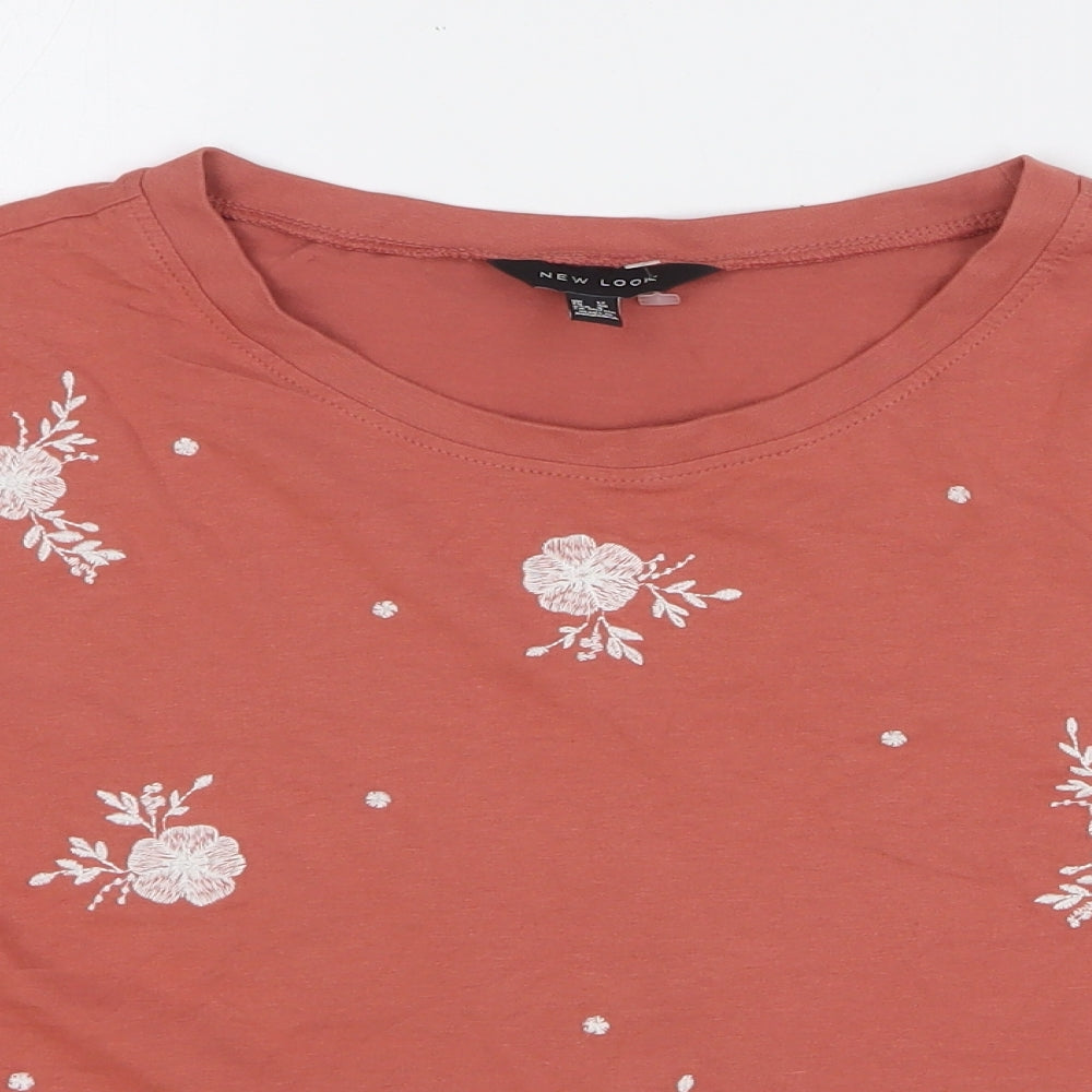 New Look Womens Red Geometric Polyester Basic T-Shirt Size 12 Round Neck