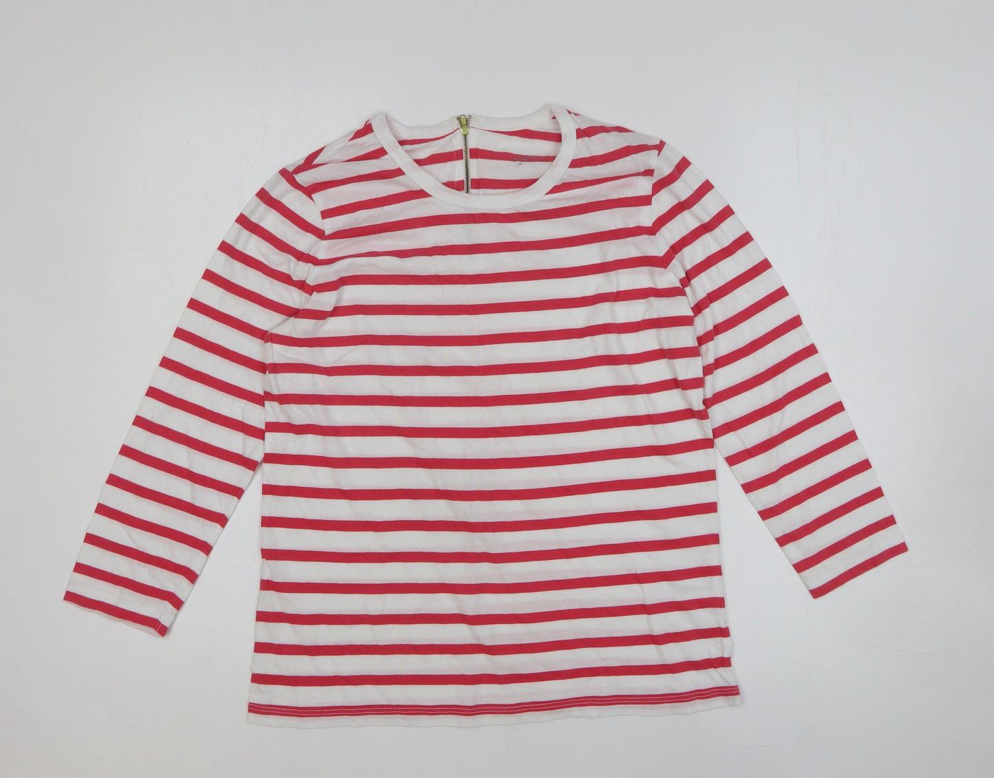 John Lewis Womens Red Striped 100% Cotton Basic T-Shirt Size 12 Round Neck
