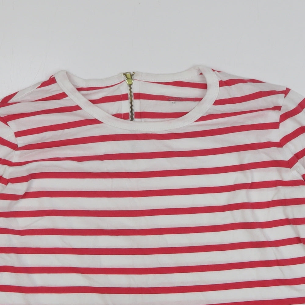 John Lewis Womens Red Striped 100% Cotton Basic T-Shirt Size 12 Round Neck