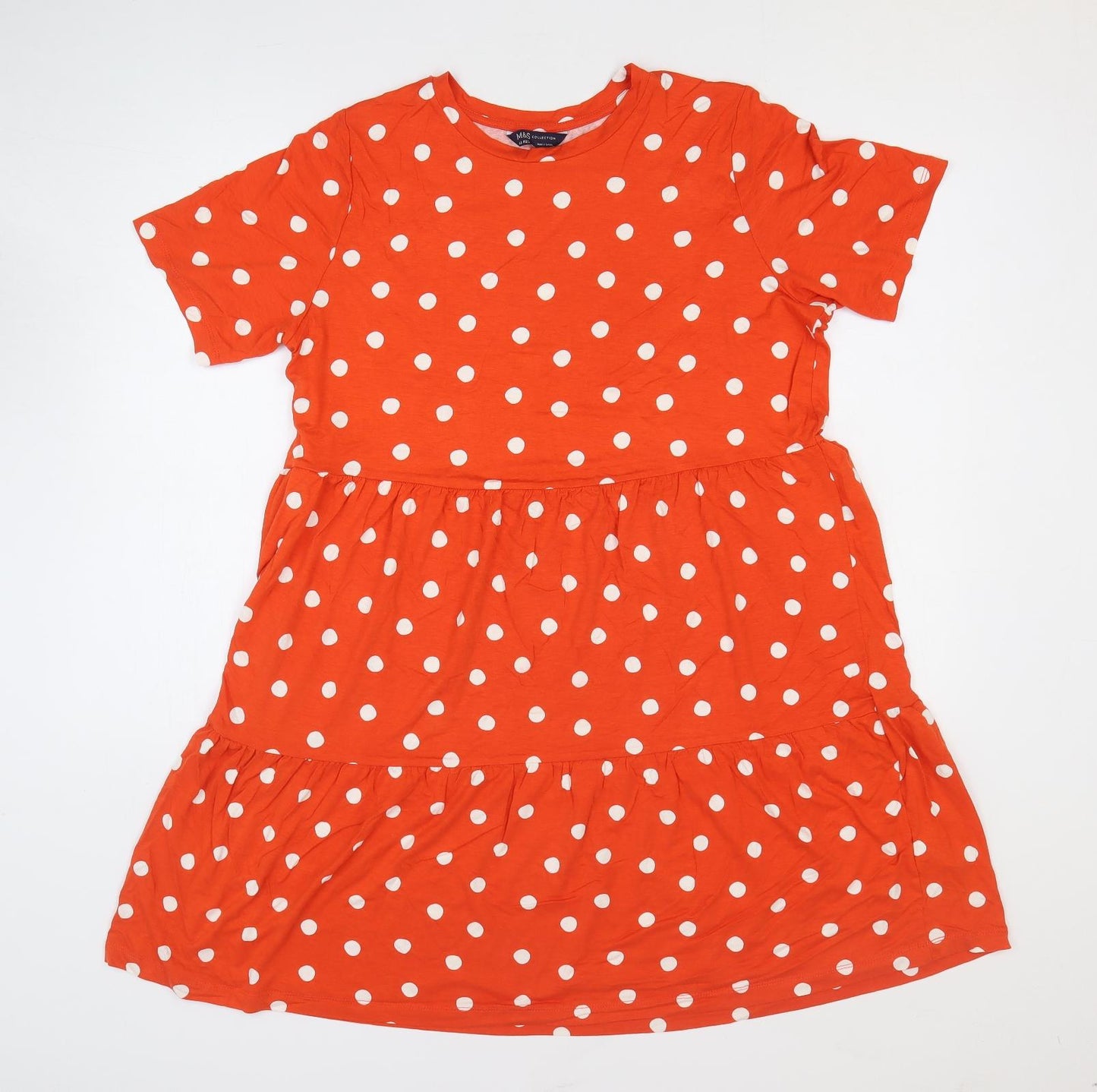 Marks and Spencer Womens Orange Polka Dot Viscose T-Shirt Dress Size 18 Crew Neck Pullover