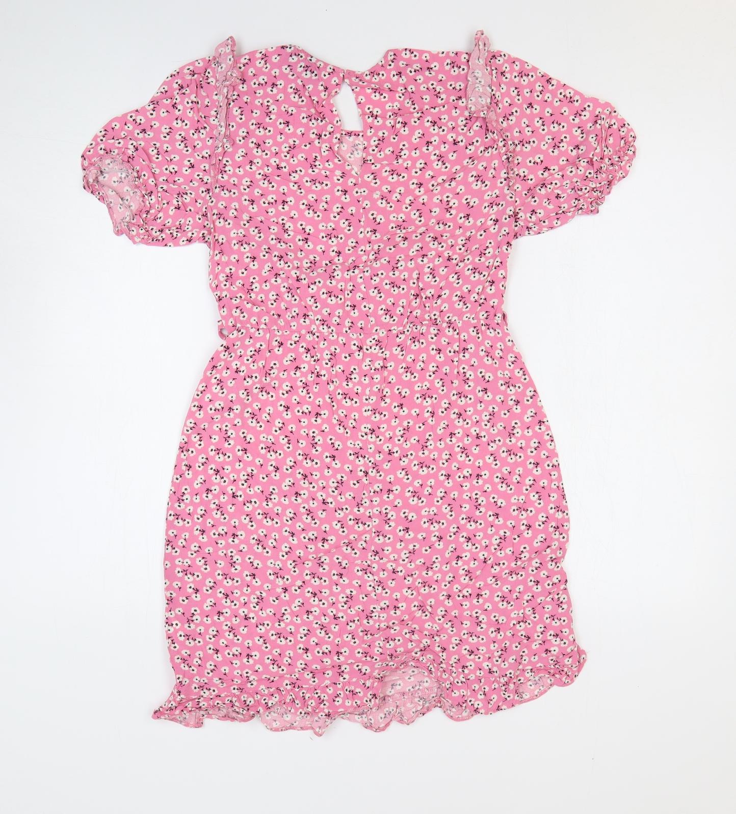 New Look Womens Pink Floral Viscose Mini Size 10 Round Neck Pullover