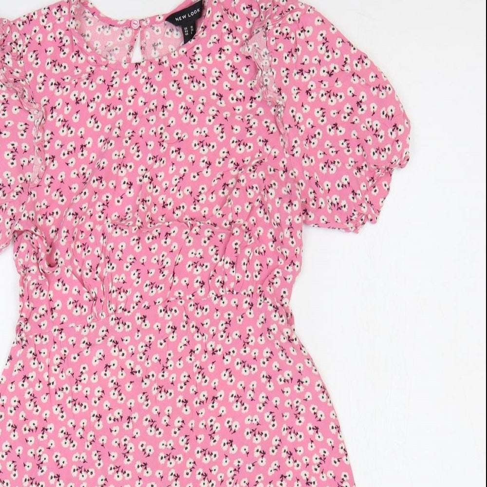 New Look Womens Pink Floral Viscose Mini Size 10 Round Neck Pullover