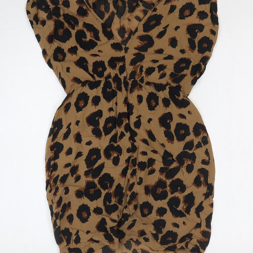 Warehouse Womens Brown Animal Print Viscose Pencil Dress Size 10 V-Neck Pullover - Leopard Print