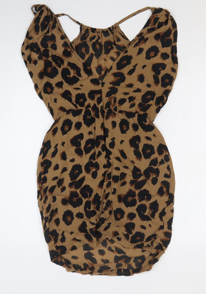 Warehouse Womens Brown Animal Print Viscose Pencil Dress Size 10 V-Neck Pullover - Leopard Print