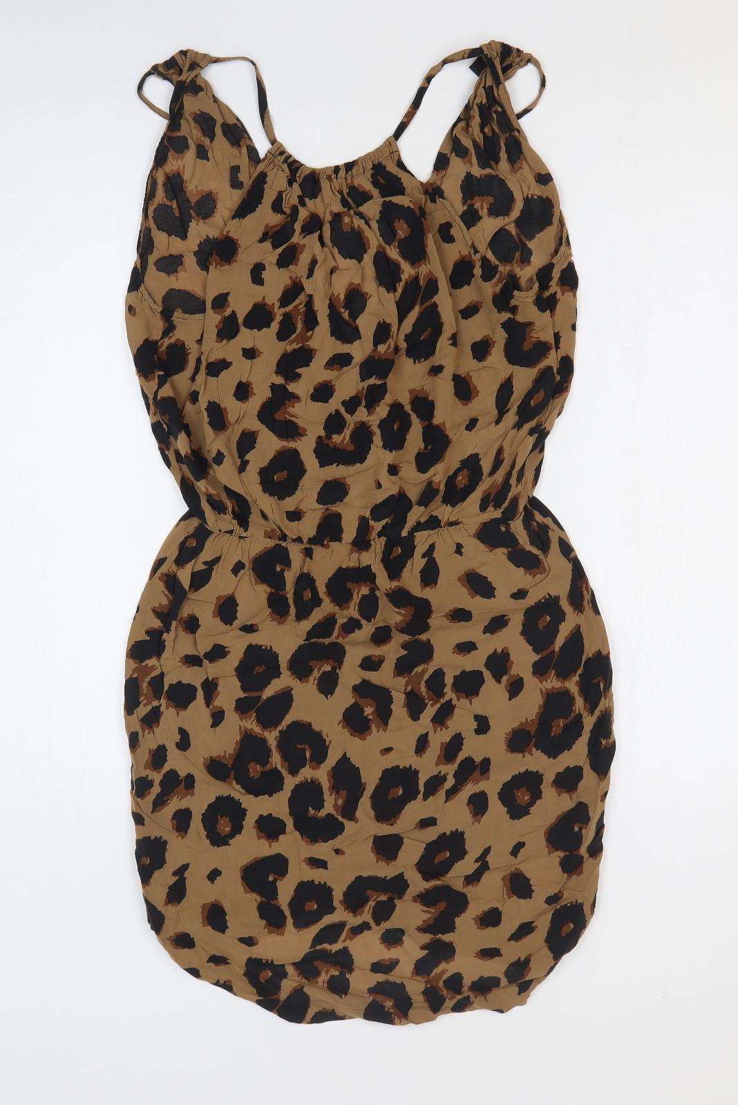 Warehouse Womens Brown Animal Print Viscose Pencil Dress Size 10 V-Neck Pullover - Leopard Print