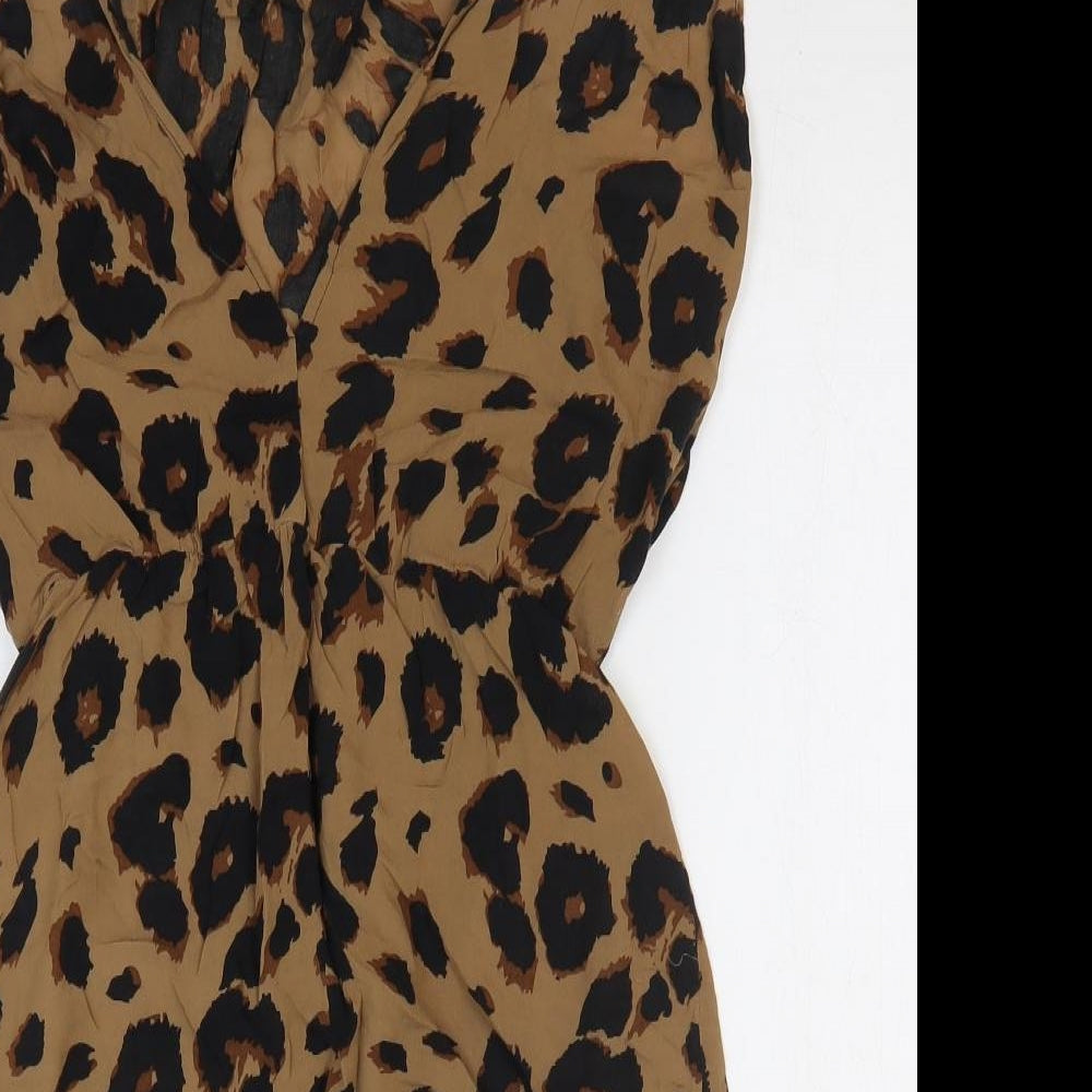 Warehouse Womens Brown Animal Print Viscose Pencil Dress Size 10 V-Neck Pullover - Leopard Print