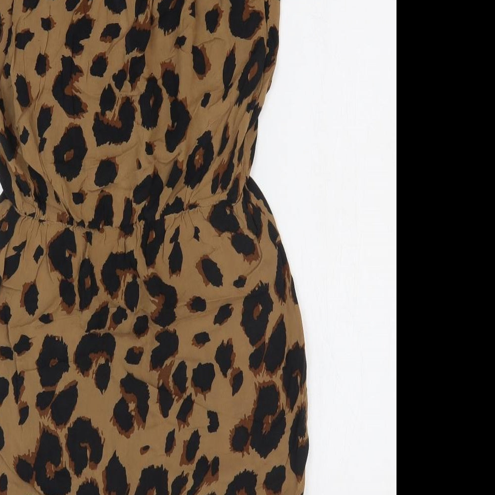 Warehouse Womens Brown Animal Print Viscose Pencil Dress Size 10 V-Neck Pullover - Leopard Print