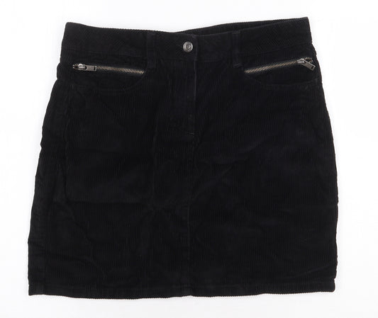 Front view of Next women’s black polyester cargo skirt, size UK 32, in zip