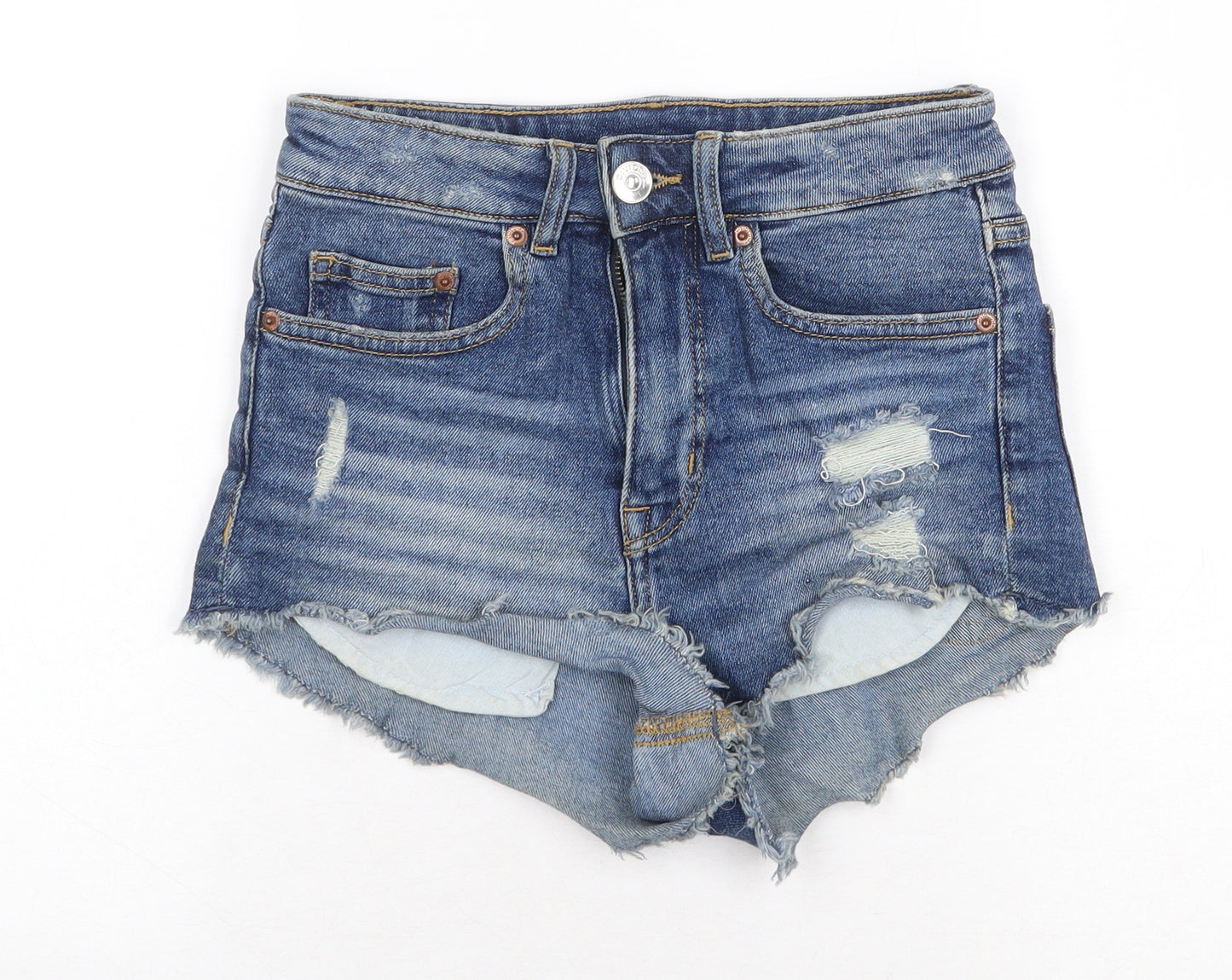 H&M Womens Blue Cotton Hot Pants Shorts Size 4 Regular Zip - Distressed