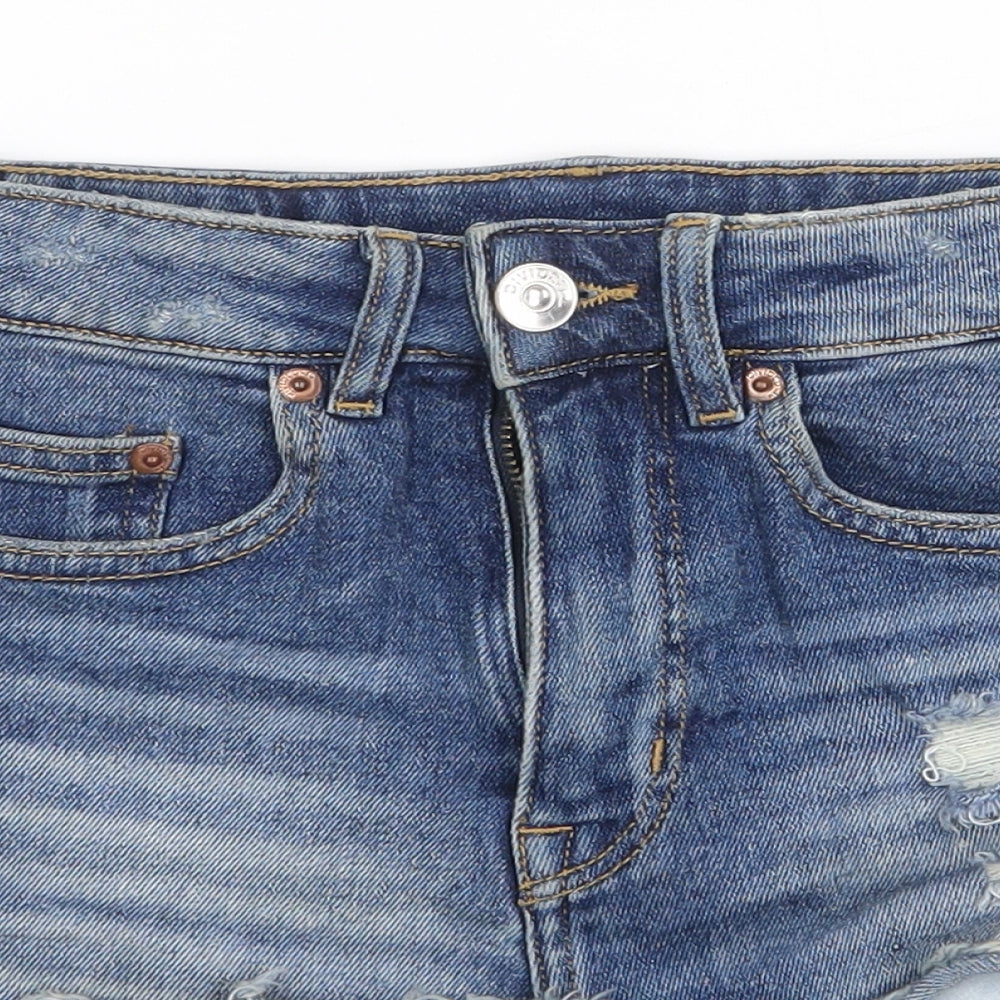 H&M Womens Blue Cotton Hot Pants Shorts Size 4 Regular Zip - Distressed