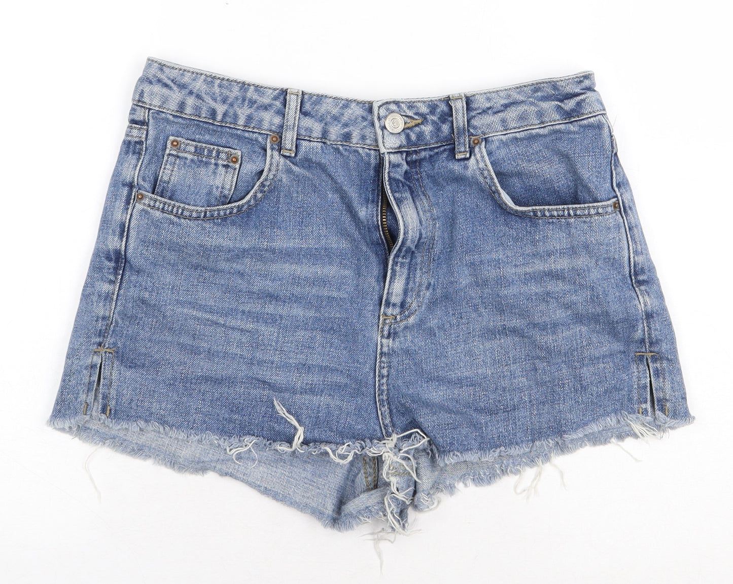 Topshop Womens Blue Cotton Hot Pants Shorts Size 10 Regular Zip