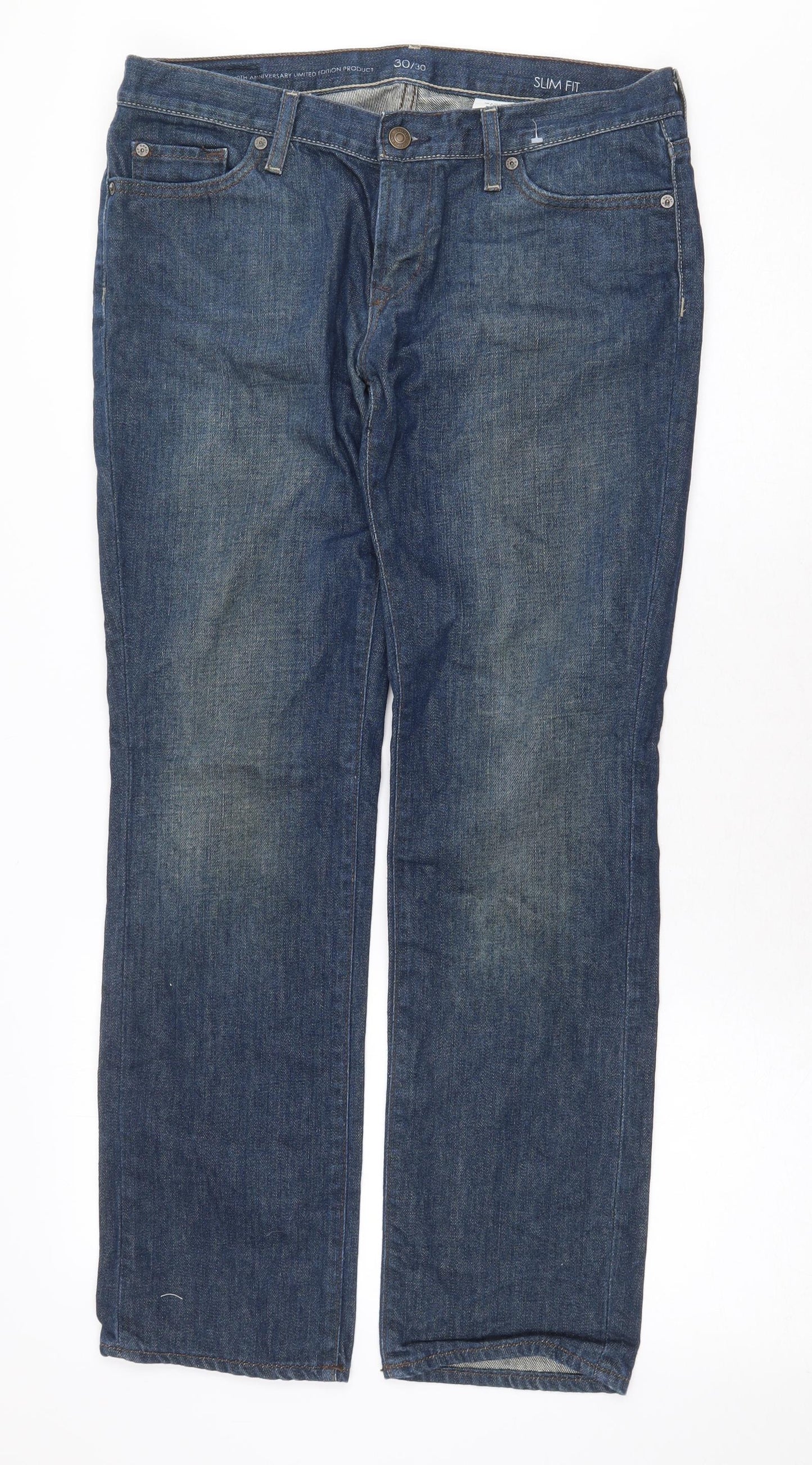 Preworn Mens Blue Cotton Straight Jeans Size 30 in Slim Zip