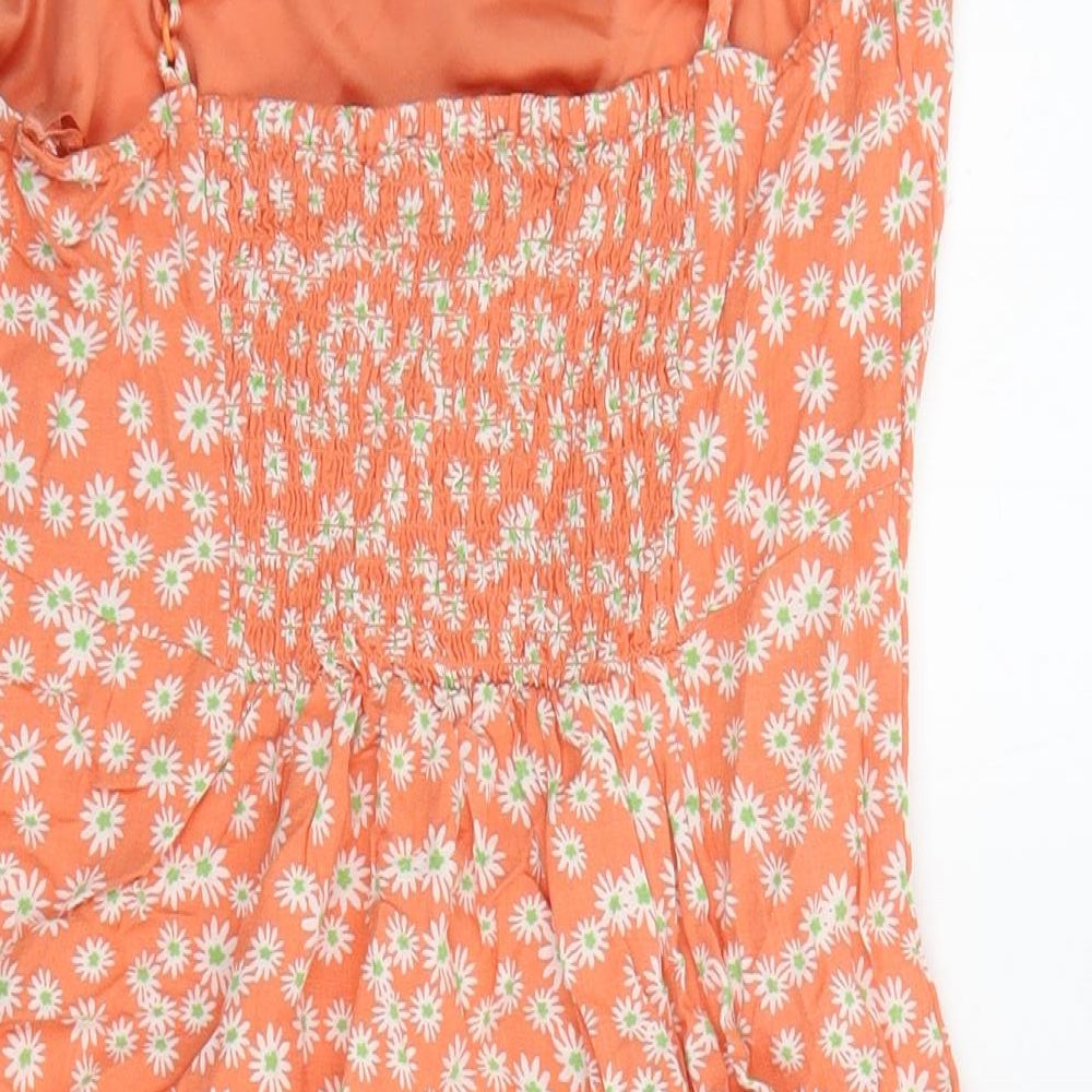 Primark Womens Orange Floral Viscose Mini Size 10 Square Neck Pullover