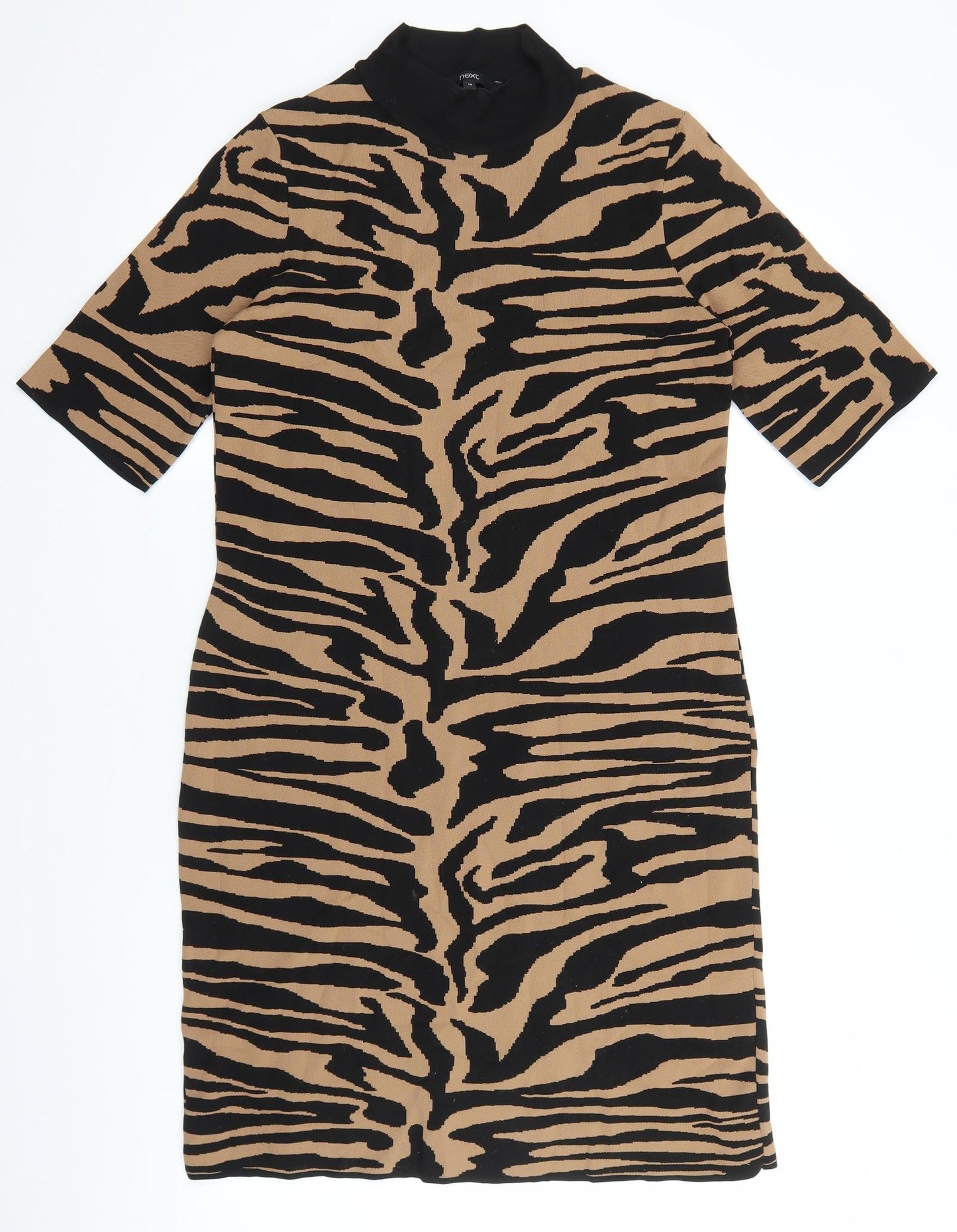 NEXT Womens Black Animal Print Cotton Jumper Dress Size 14 Crew Neck Pullover - Tiger Print