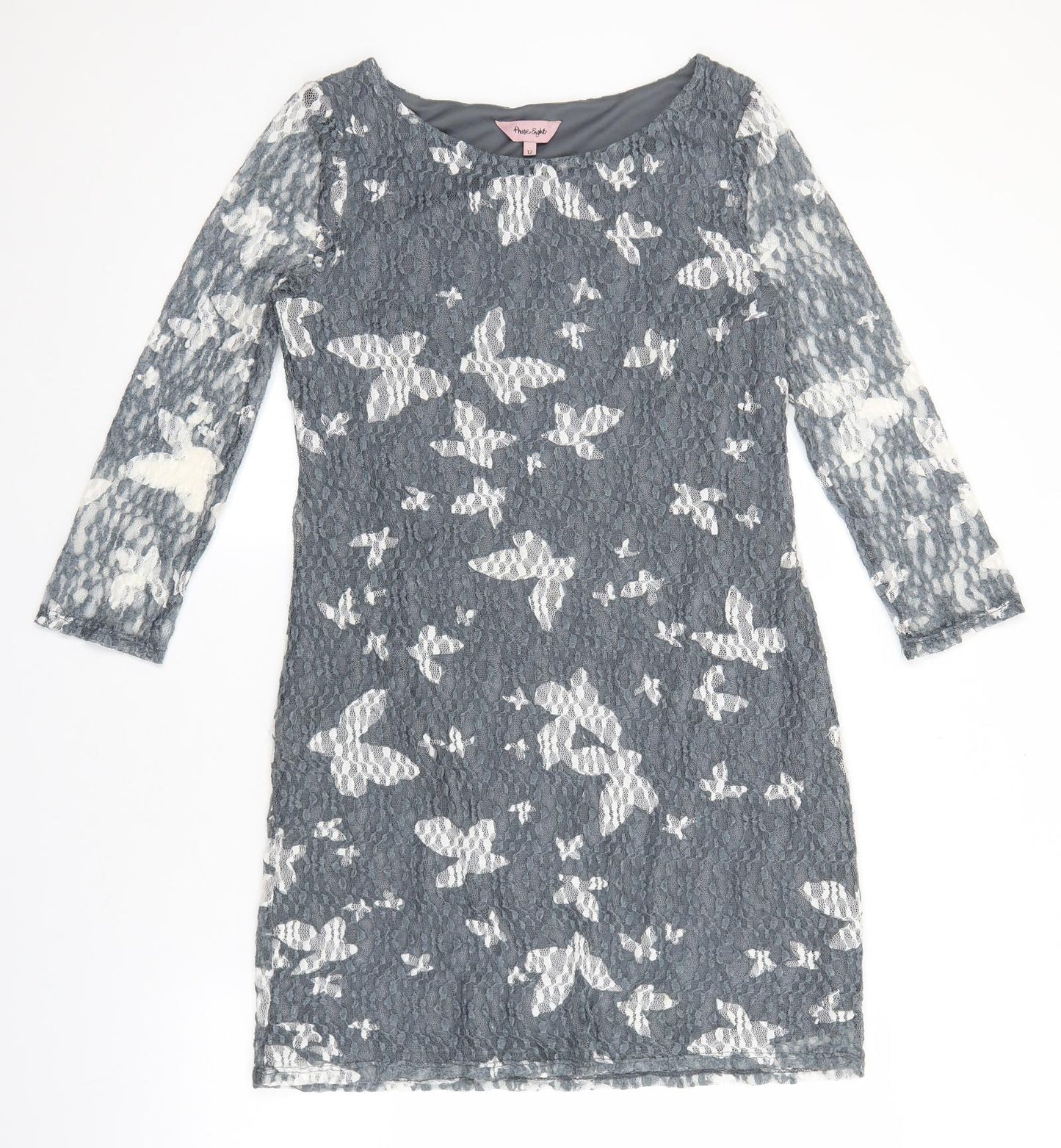 Phase Eight Womens Grey Geometric Polyester Sheath Size 12 Boat Neck Pullover - Butterfly Print