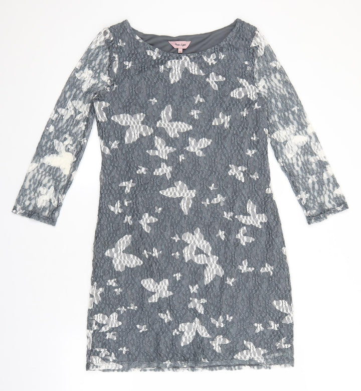 Phase Eight Womens Grey Geometric Polyester Sheath Size 12 Boat Neck Pullover - Butterfly Print